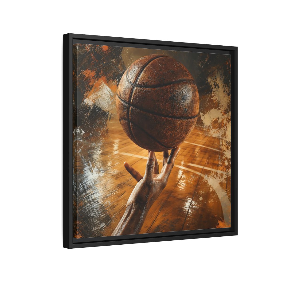 Side Mockup 12. Spinning Basketball Moment shown as framed canvas print