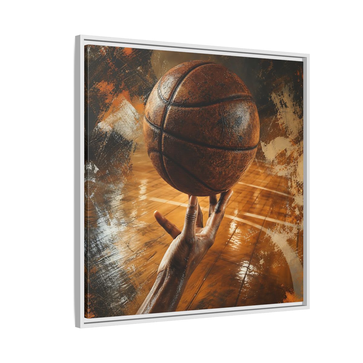 Side Mockup 7. Spinning Basketball Moment shown as framed canvas print