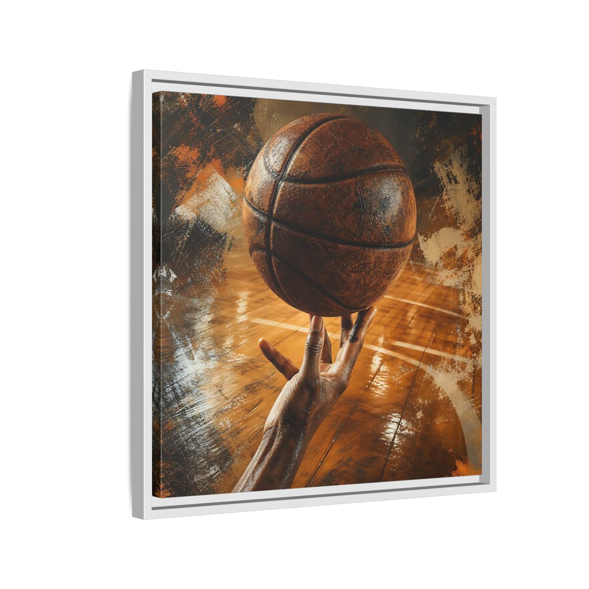 Side Mockup 10. Spinning Basketball Moment shown as framed canvas print