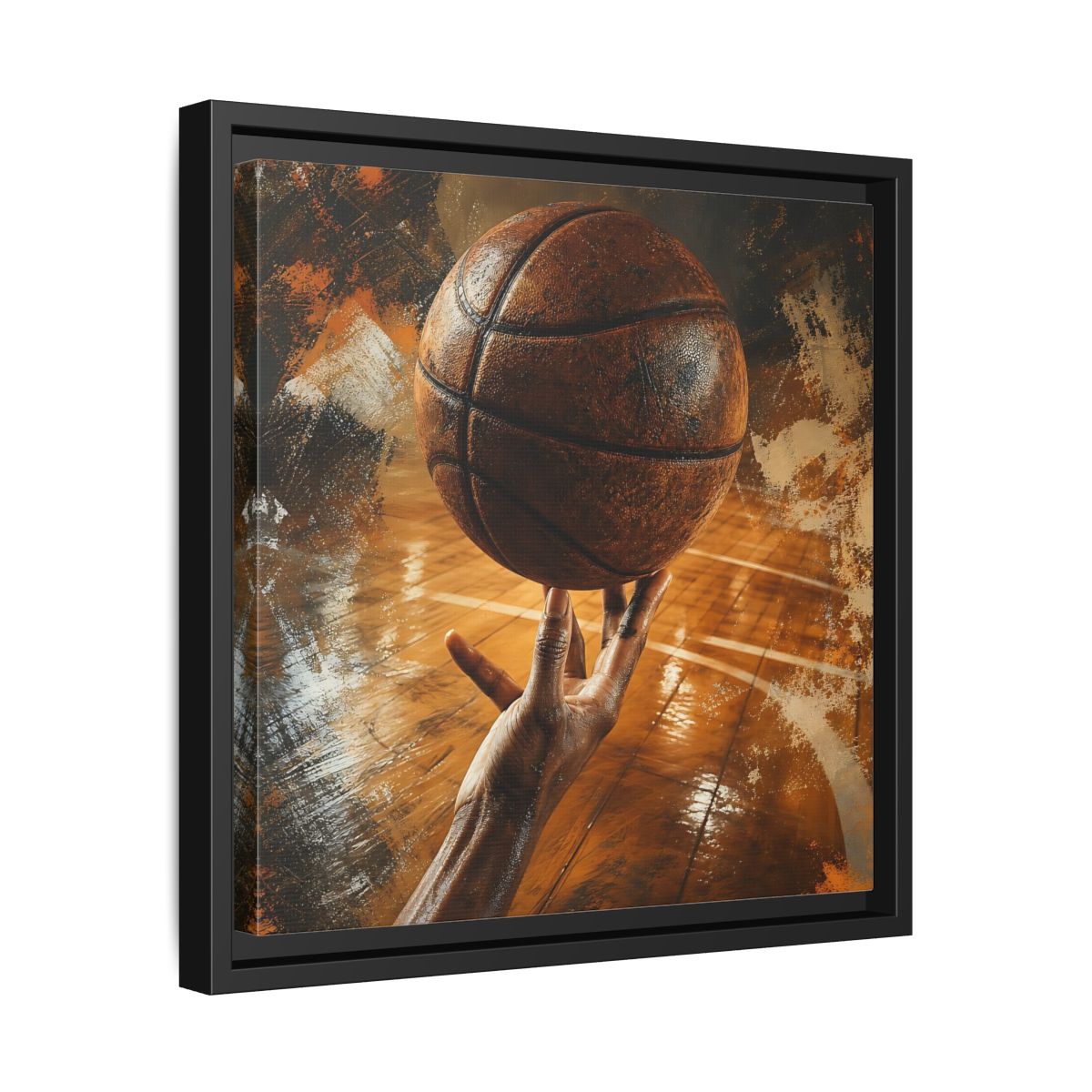 Side Mockup 32. Spinning Basketball Moment shown as framed canvas print