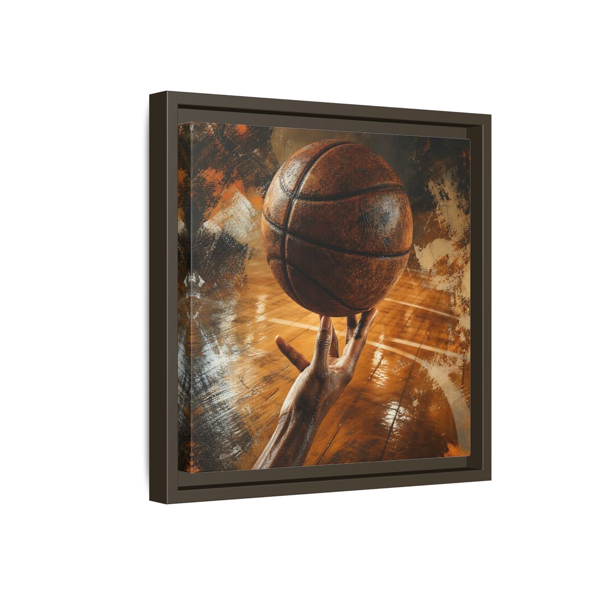 Side Mockup 17. Spinning Basketball Moment shown as framed canvas print