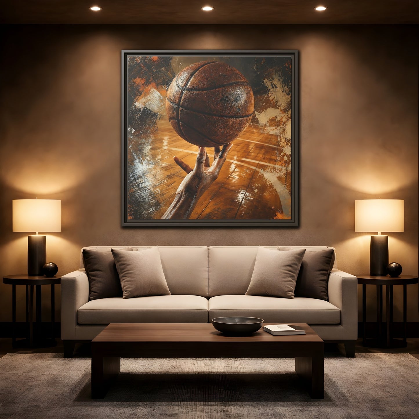 Mockup 2. Spinning Basketball Moment shown as framed canvas print