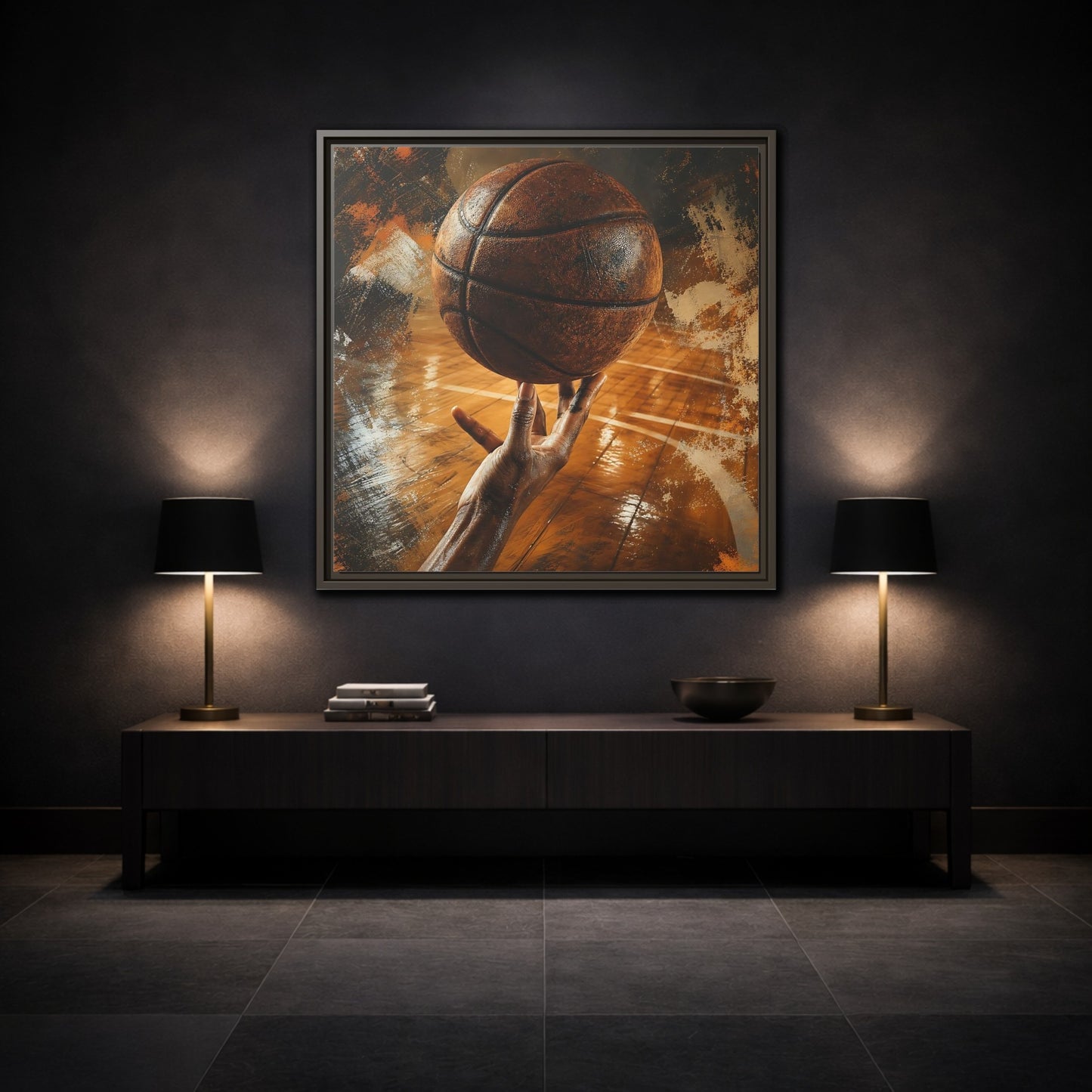 Mockup 3. Spinning Basketball Moment shown as framed canvas print