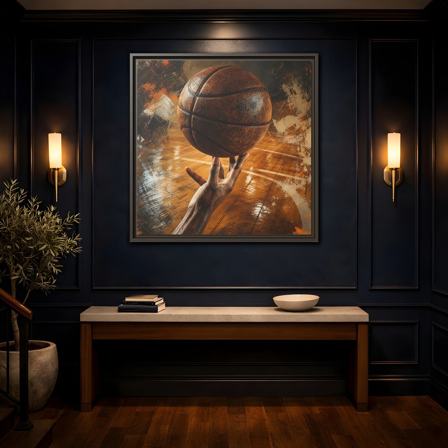 Mockup 4. Spinning Basketball Moment shown as framed canvas print