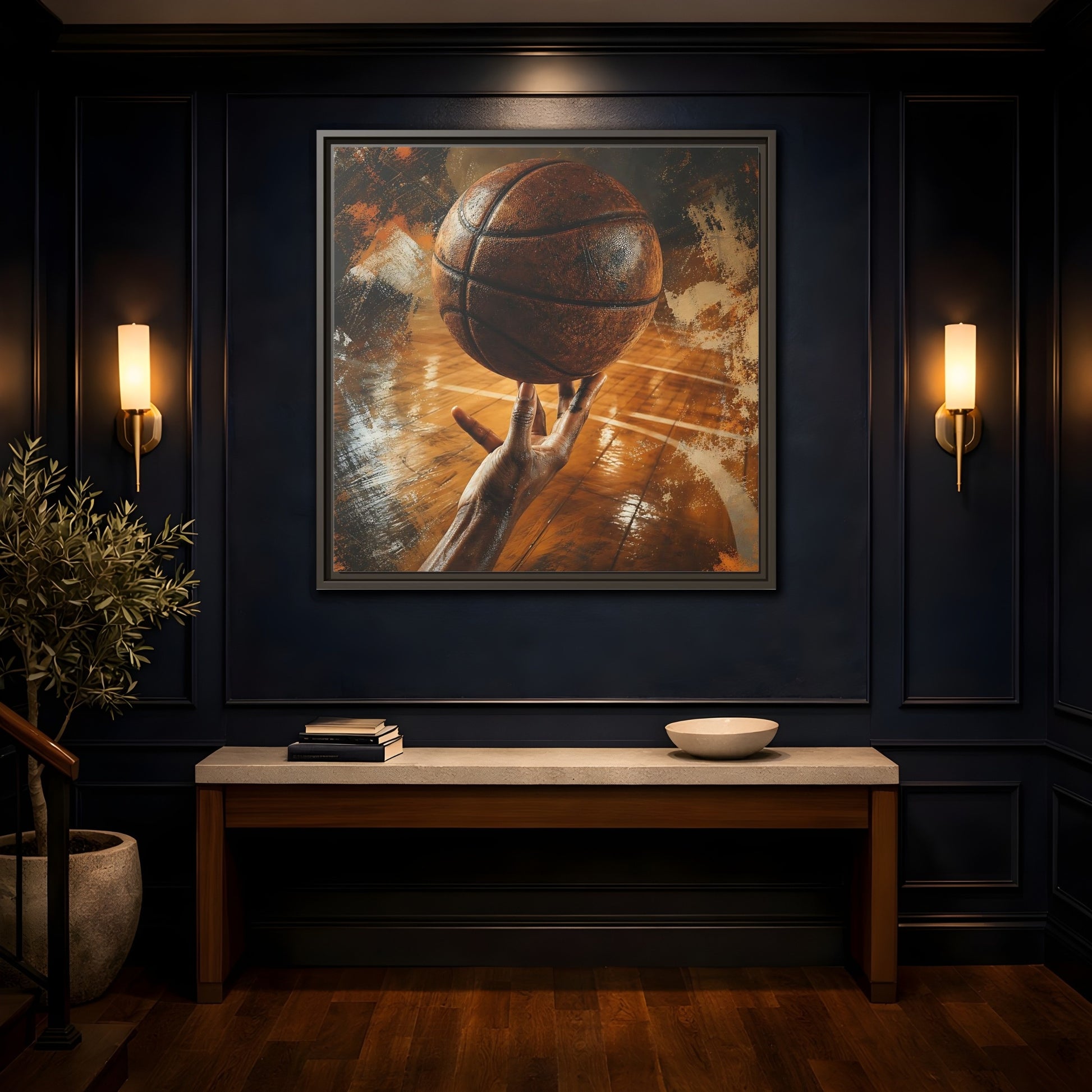 Mockup 4. Spinning Basketball Moment shown as framed canvas print