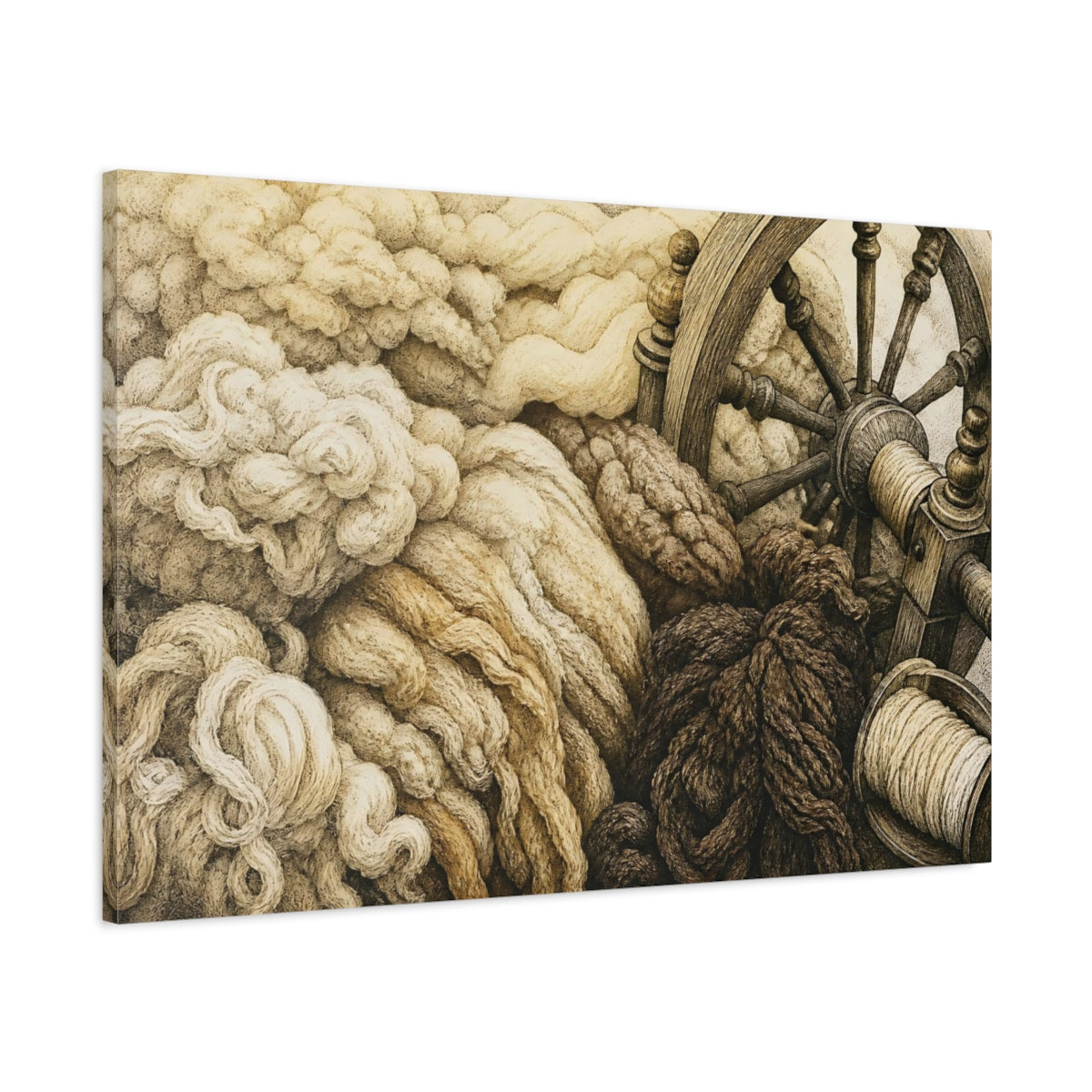 Main Mockup. Spinning Wheel & Wool shown as canvas print