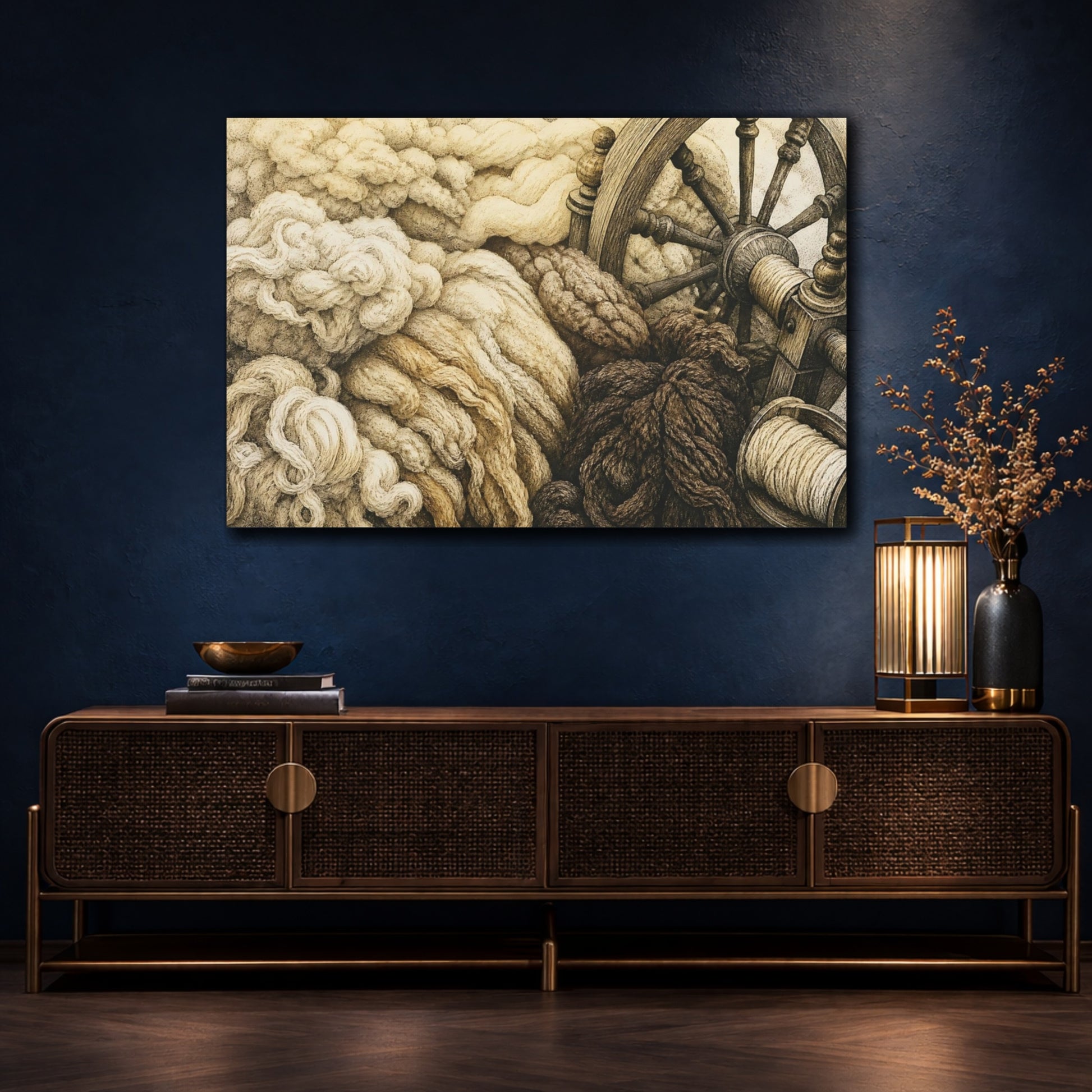 Mockup 4. Spinning Wheel & Wool shown as canvas print