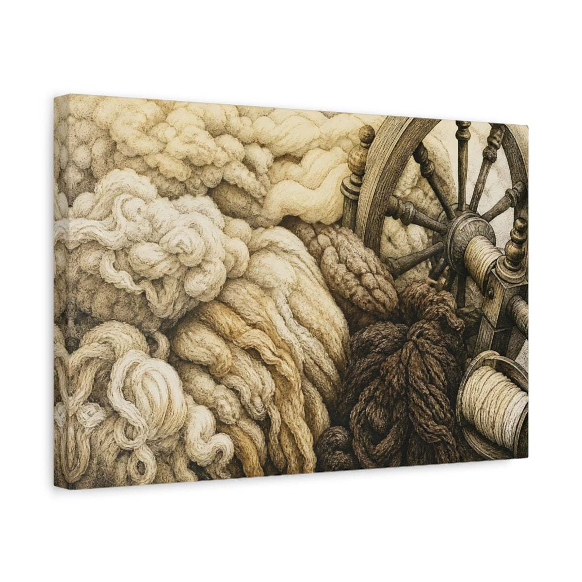 Side Mockup 4. Spinning Wheel & Wool shown as canvas print