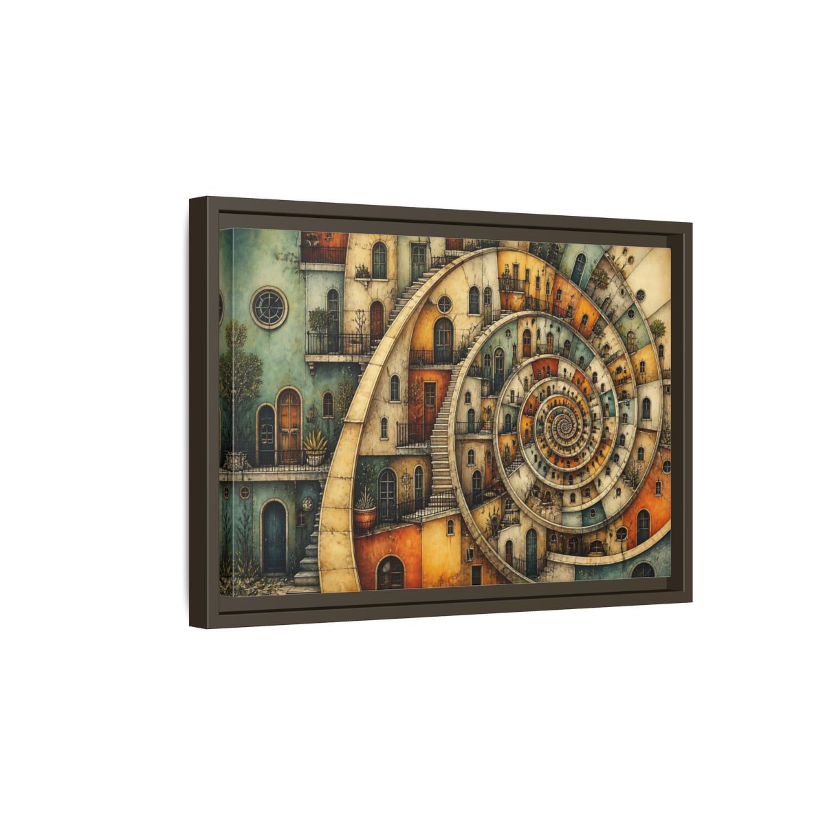 Side Mockup 5. Spiral Apartment District shown as framed canvas print