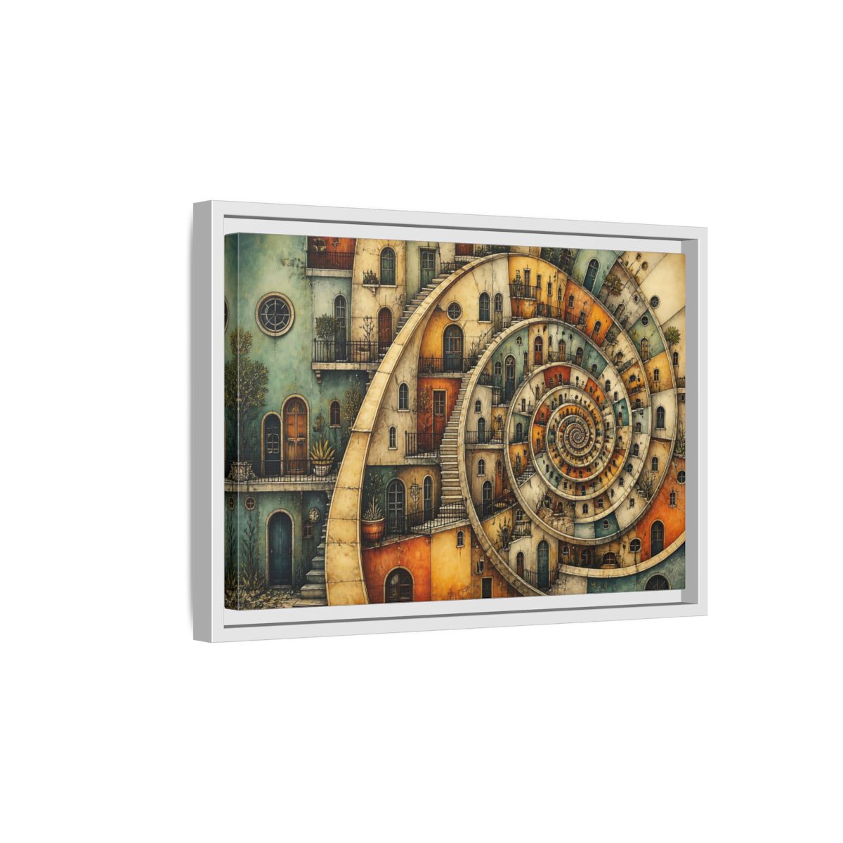 Side Mockup 4. Spiral Apartment District shown as framed canvas print
