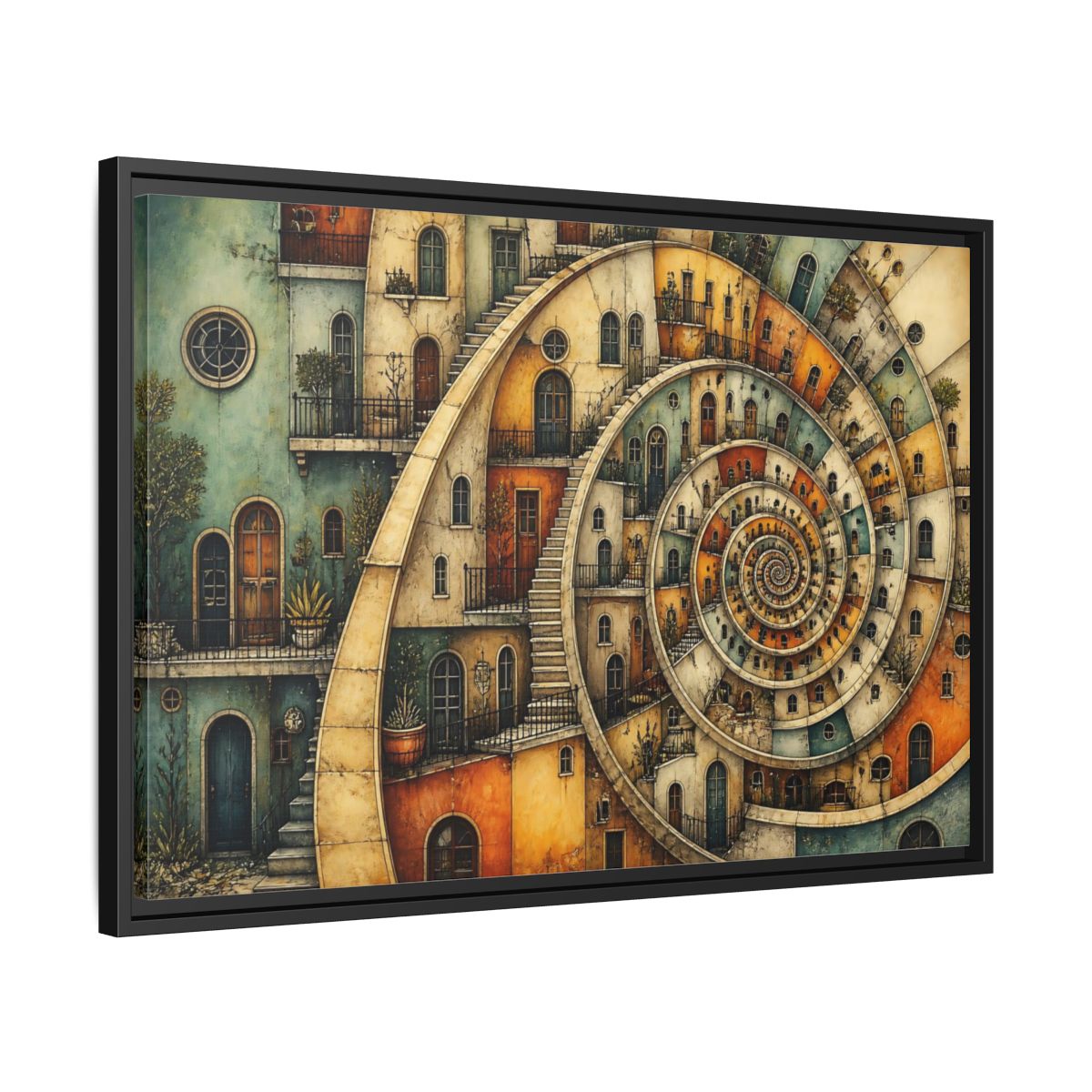 Side Mockup 14. Spiral Apartment District shown as framed canvas print