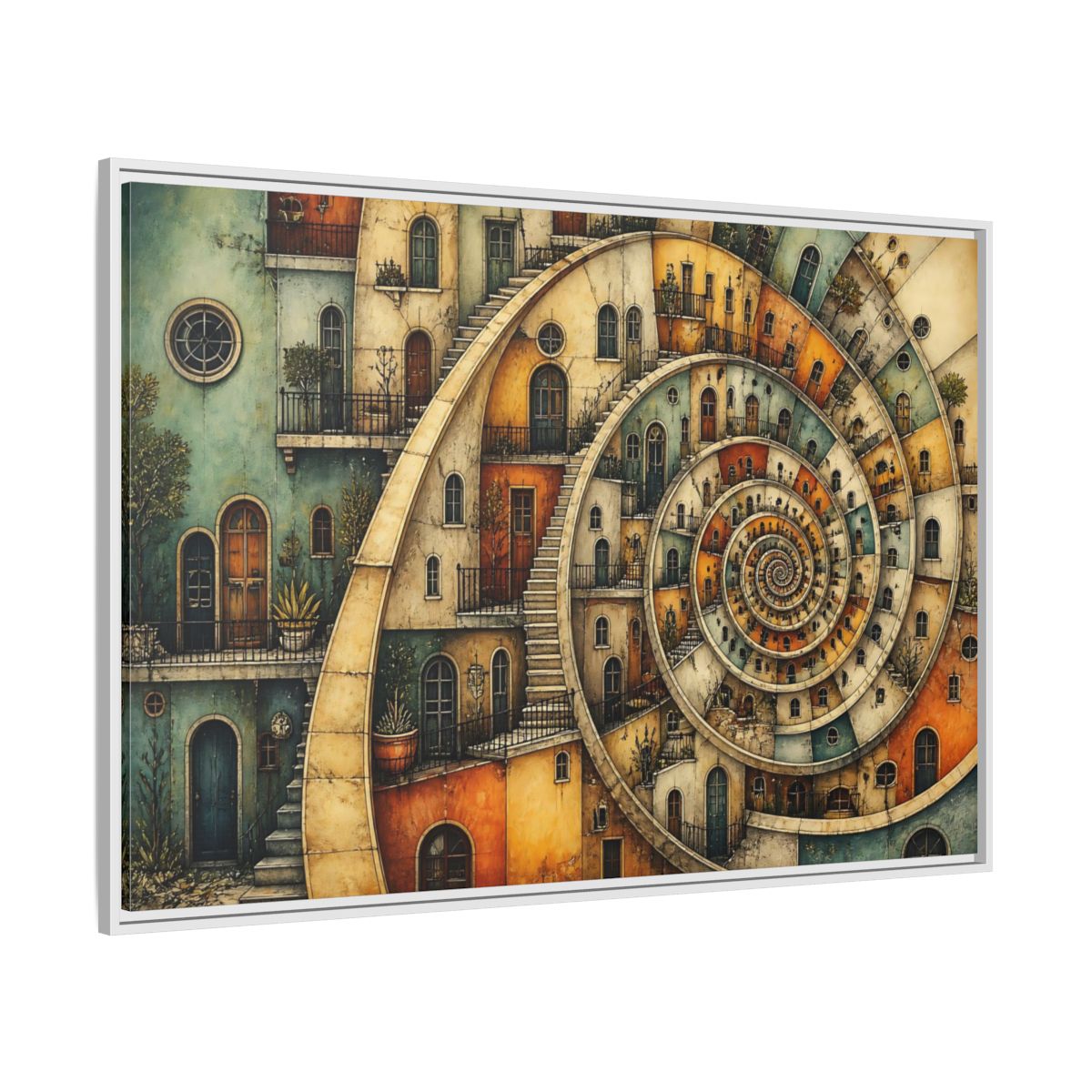 Side Mockup 7. Spiral Apartment District shown as framed canvas print