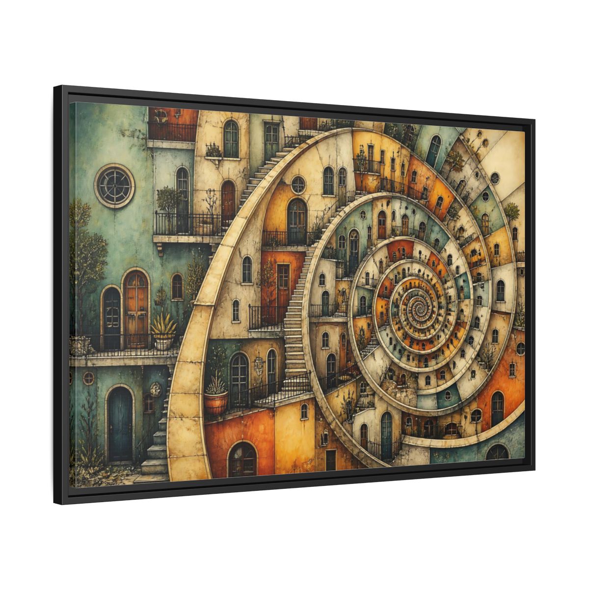Side Mockup 13. Spiral Apartment District shown as framed canvas print