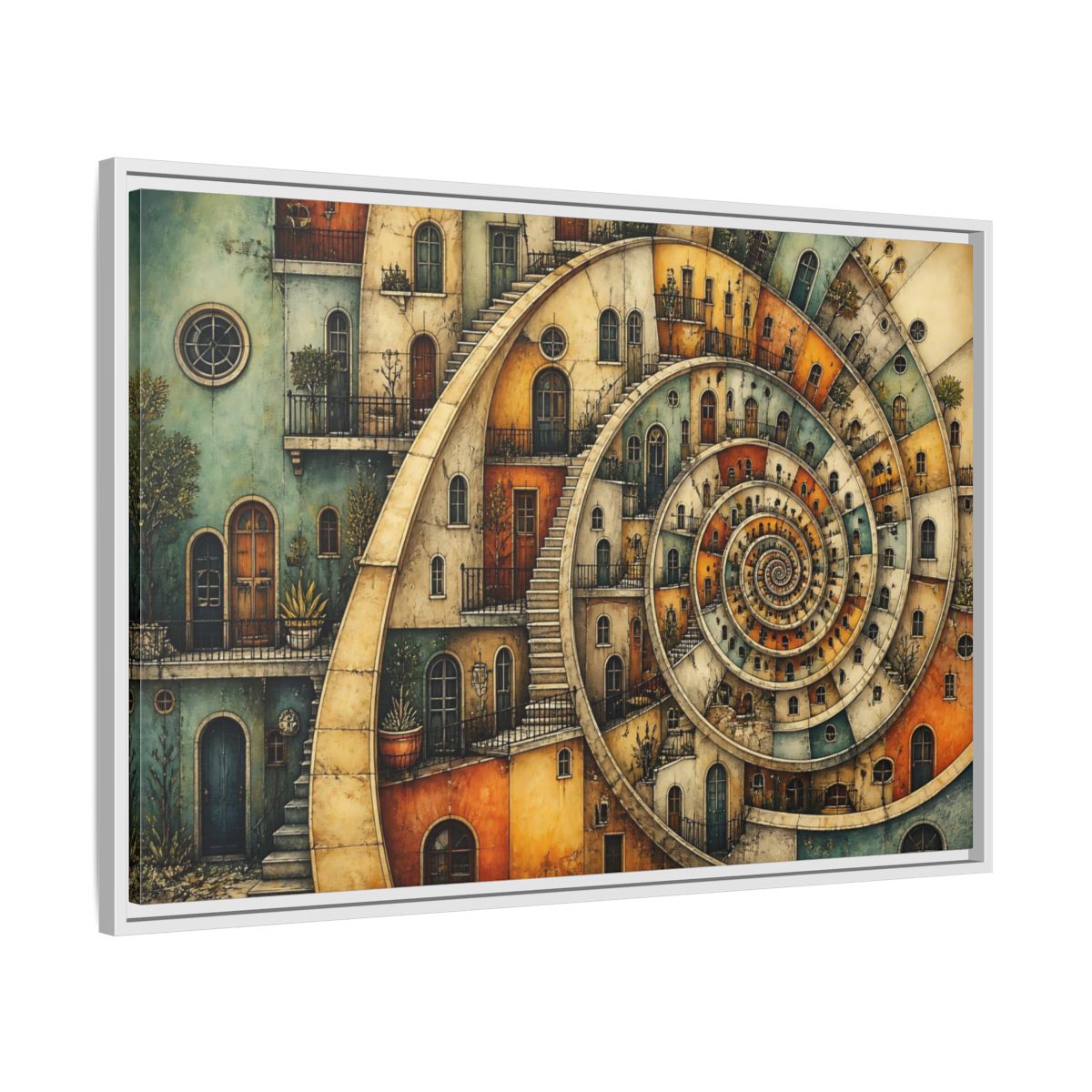 Side Mockup 9. Spiral Apartment District shown as framed canvas print