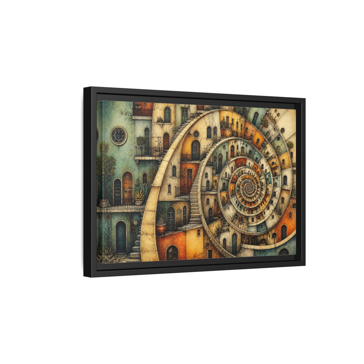 Side Mockup 6. Spiral Apartment District shown as framed canvas print
