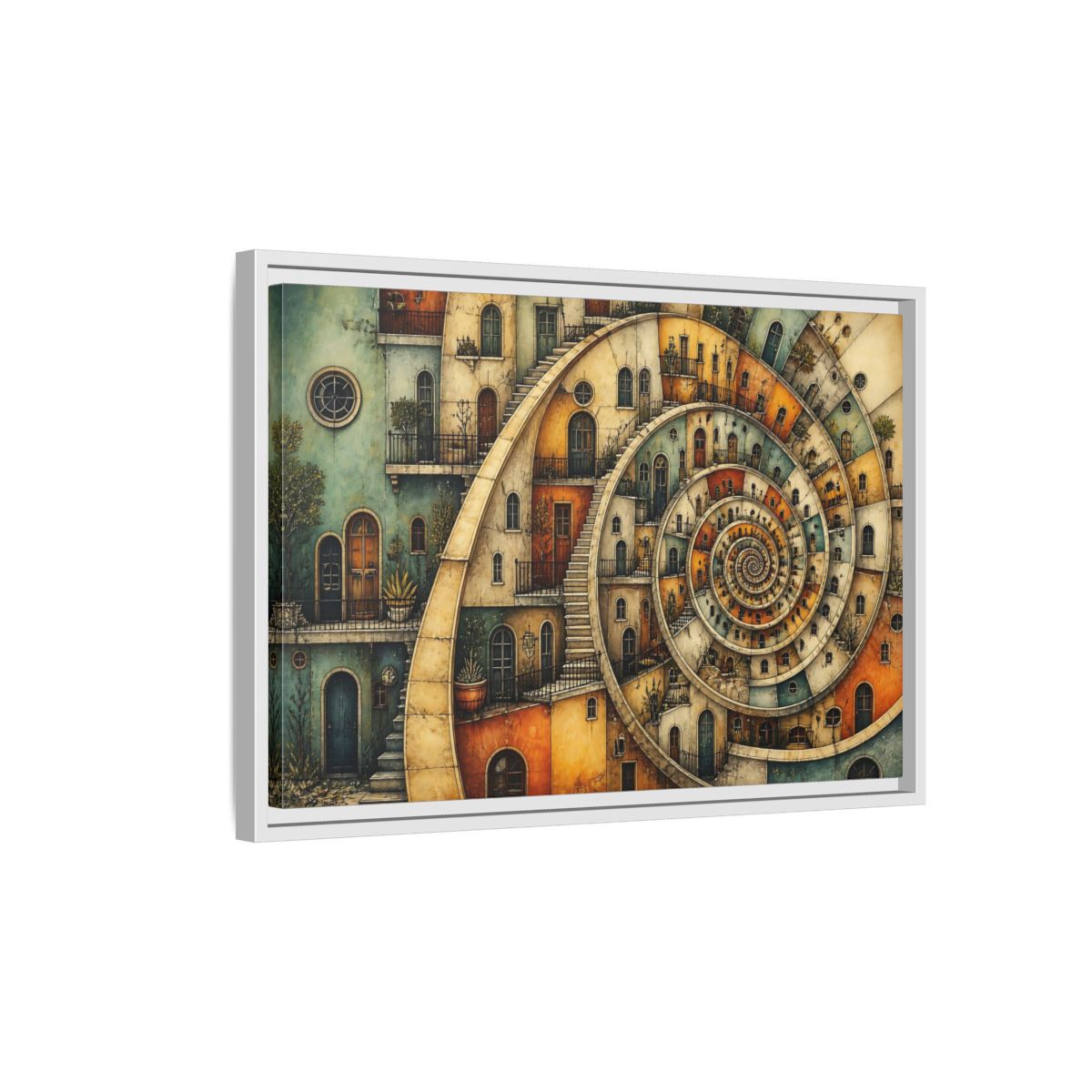 Side Mockup 1. Spiral Apartment District shown as framed canvas print