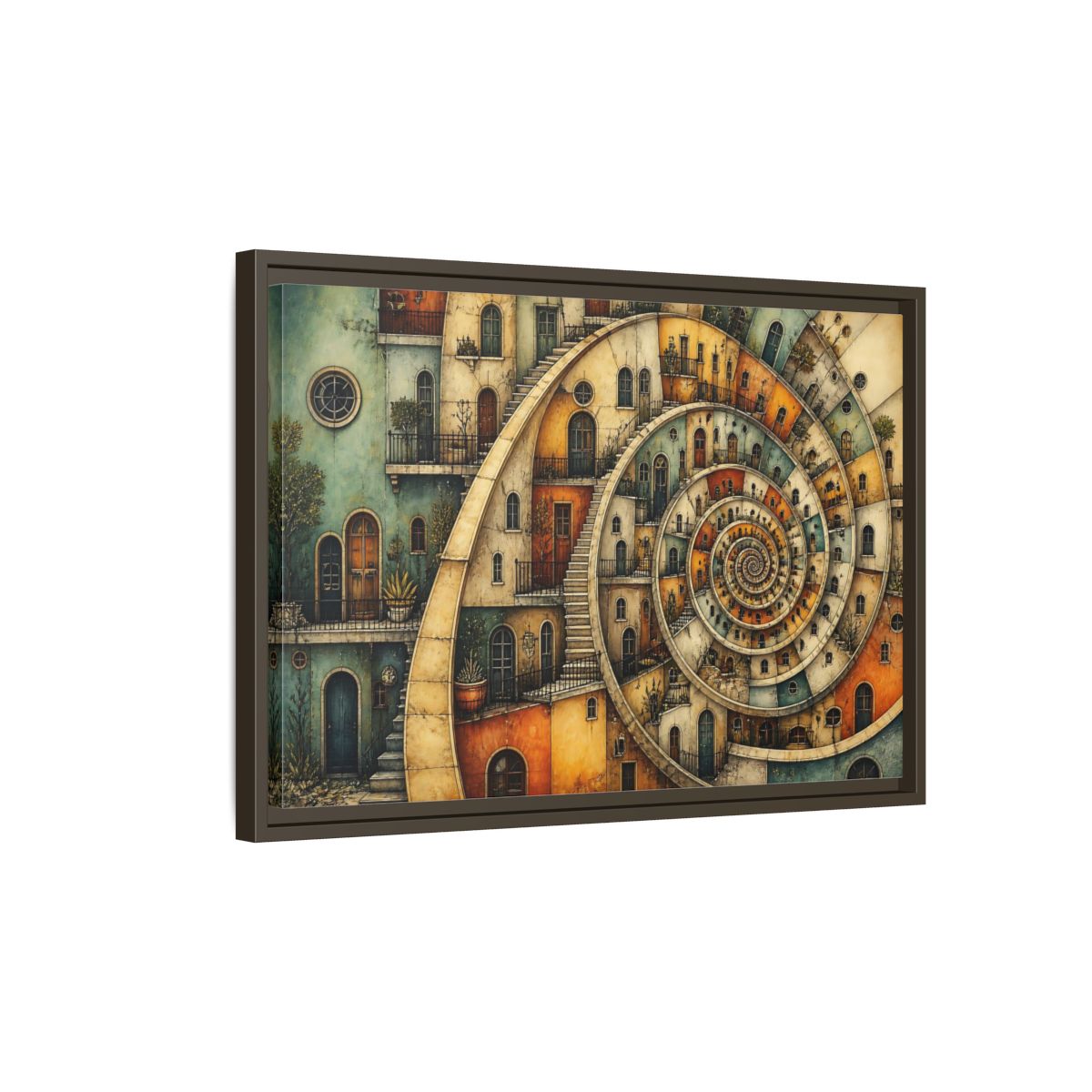 Side Mockup 2. Spiral Apartment District shown as framed canvas print