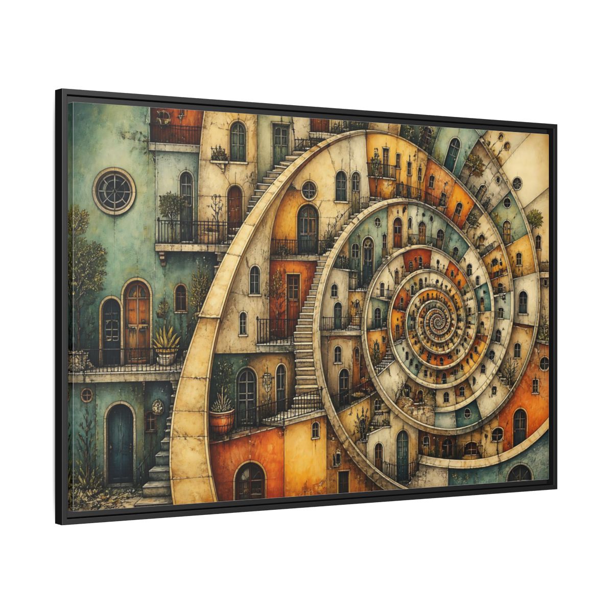 Side Mockup 12. Spiral Apartment District shown as framed canvas print