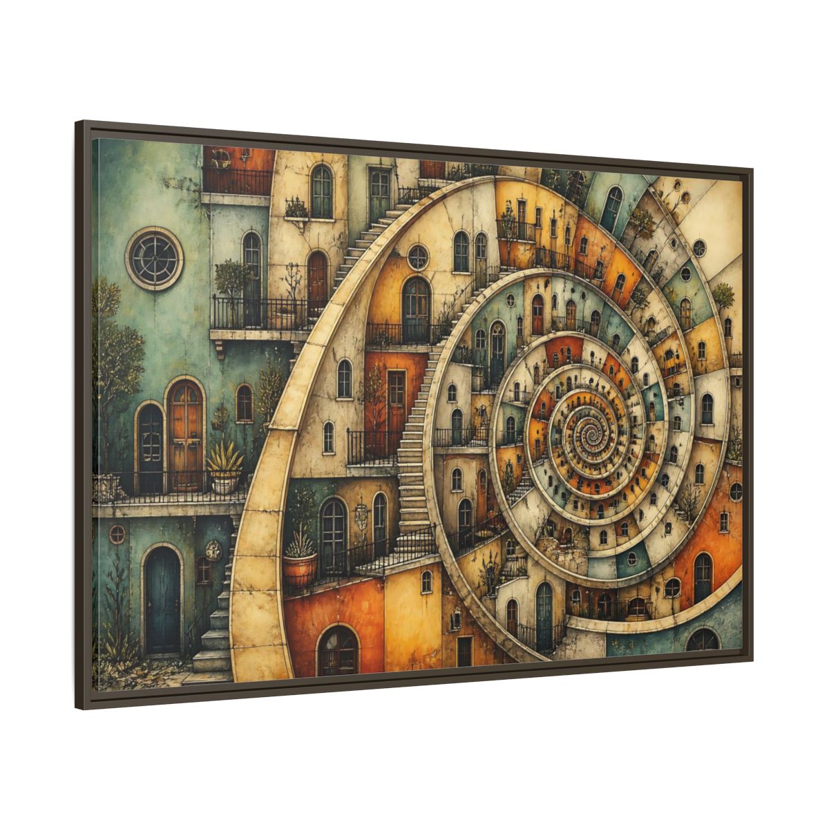 Side Mockup 8. Spiral Apartment District shown as framed canvas print