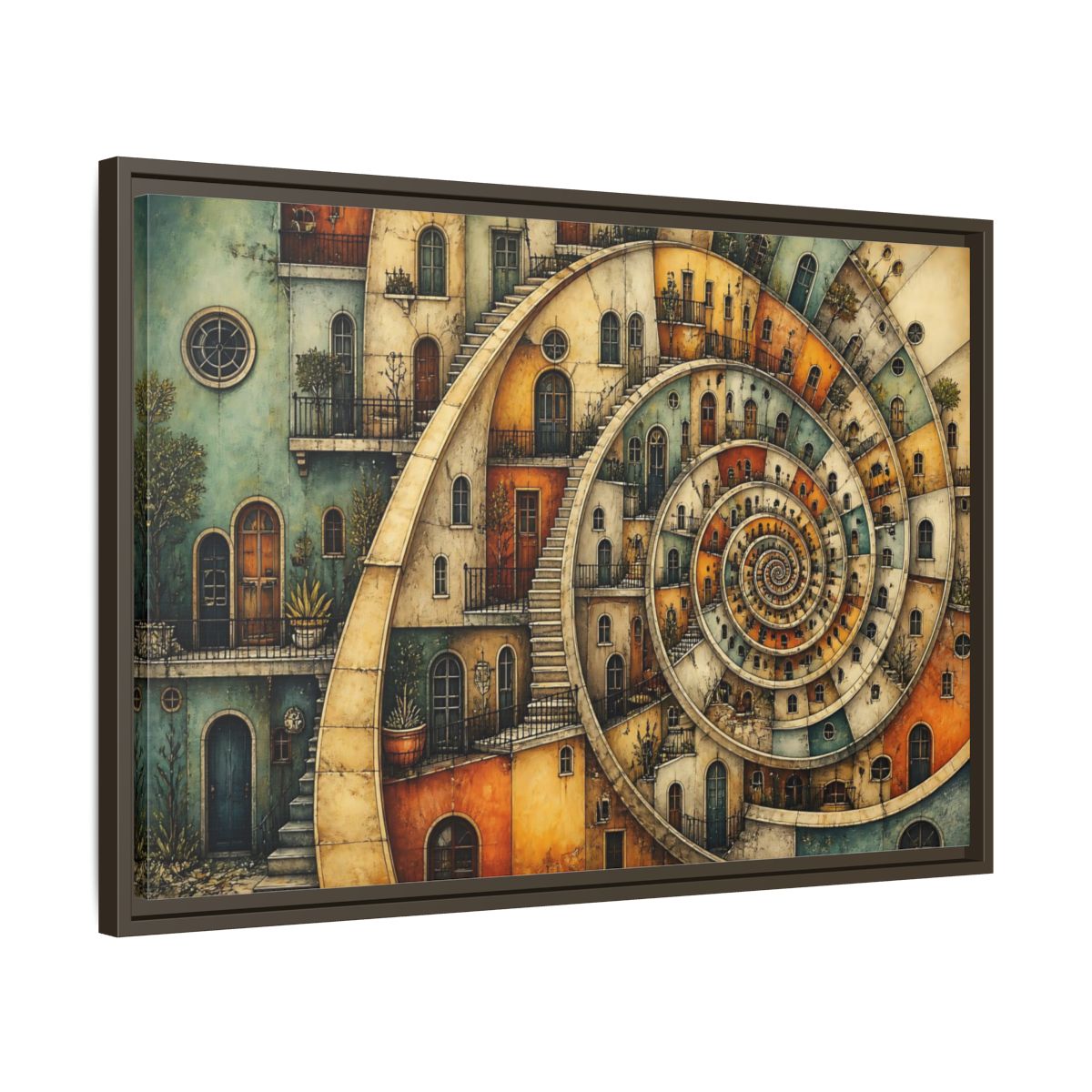 Side Mockup 11. Spiral Apartment District shown as framed canvas print