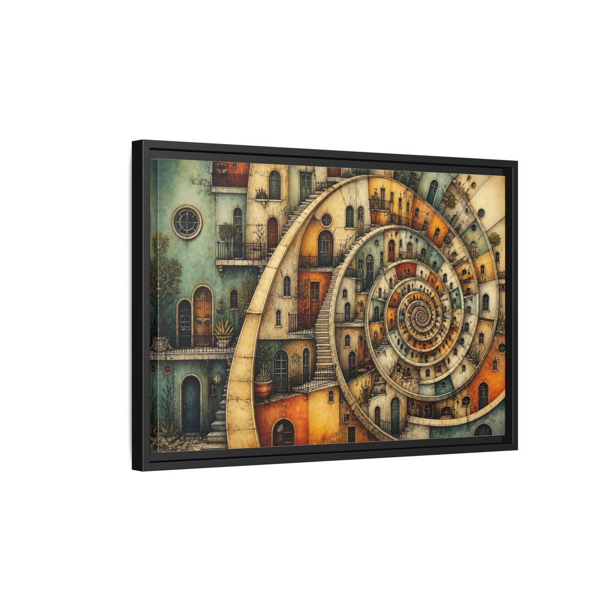 Side Mockup 3. Spiral Apartment District shown as framed canvas print