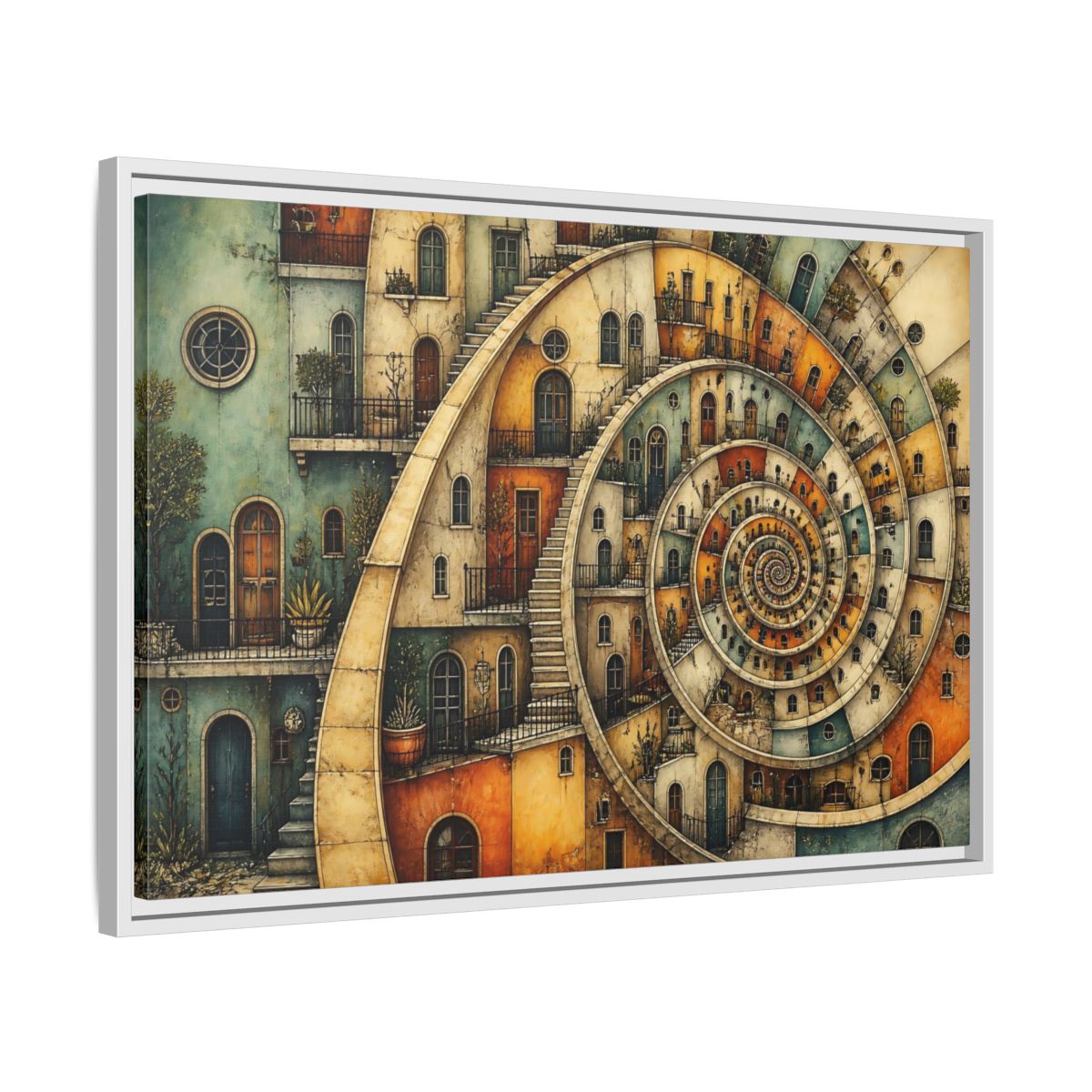 Side Mockup 10. Spiral Apartment District shown as framed canvas print