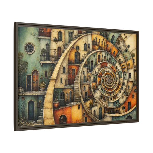 Main Mockup. Spiral Apartment District shown as framed canvas print