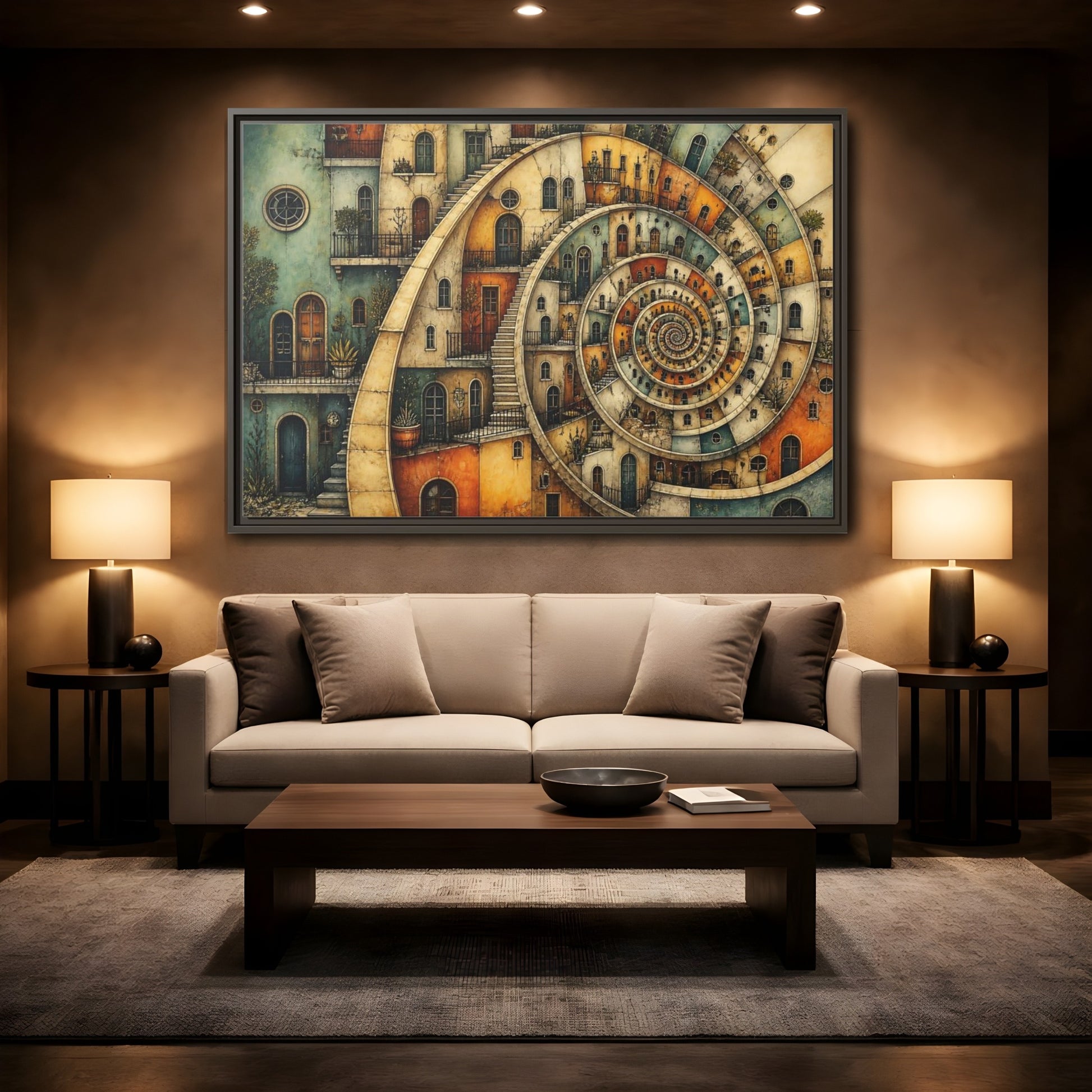 Mockup 2. Spiral Apartment District shown as framed canvas print