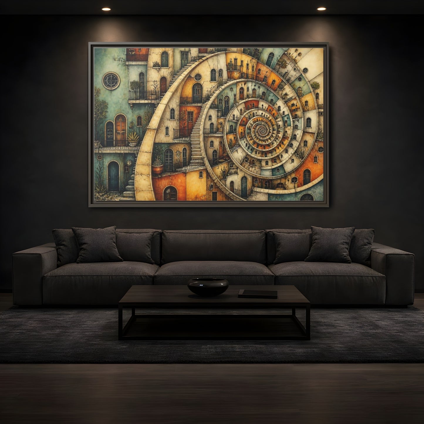 Mockup 3. Spiral Apartment District shown as framed canvas print