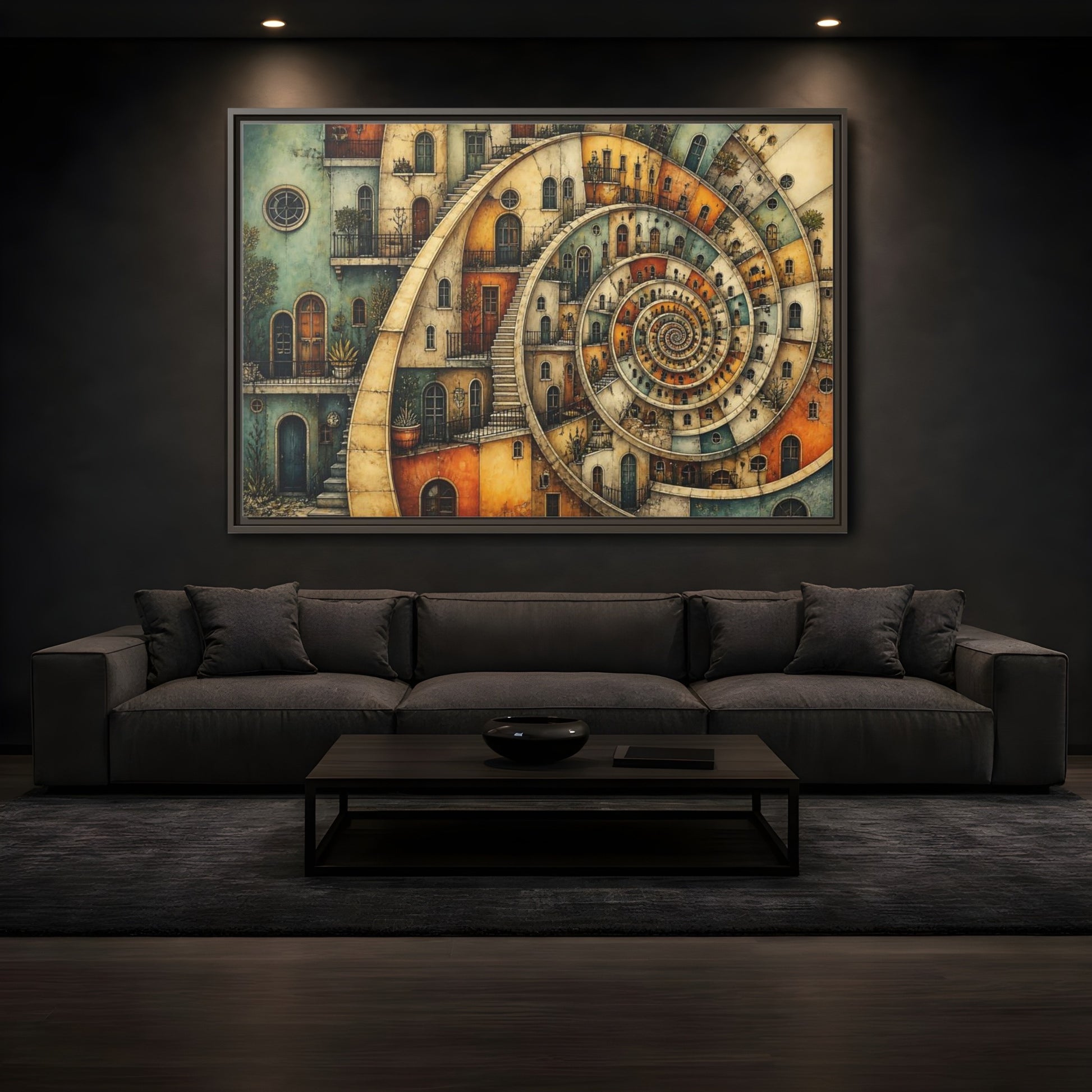 Mockup 3. Spiral Apartment District shown as framed canvas print
