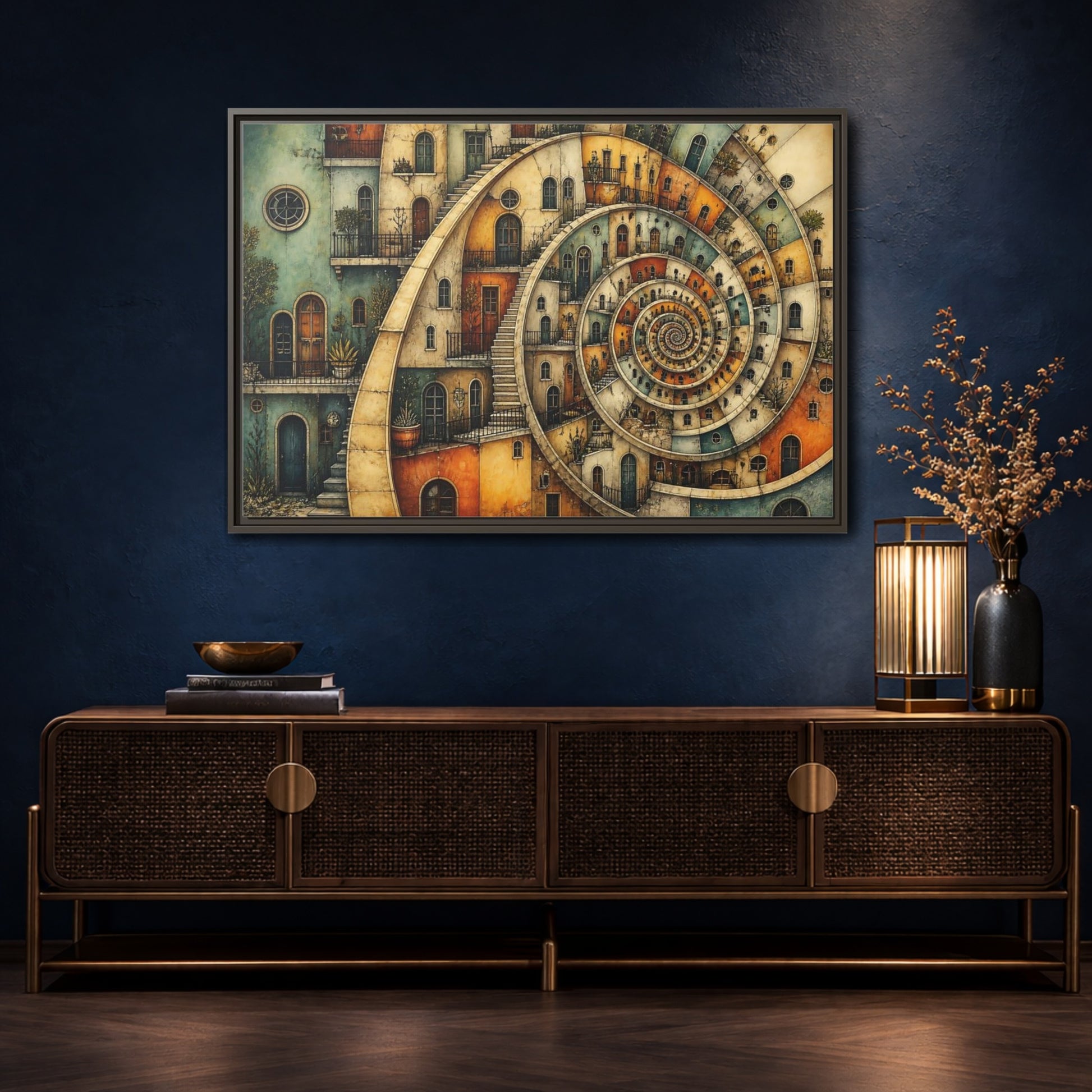 Mockup 4. Spiral Apartment District shown as framed canvas print