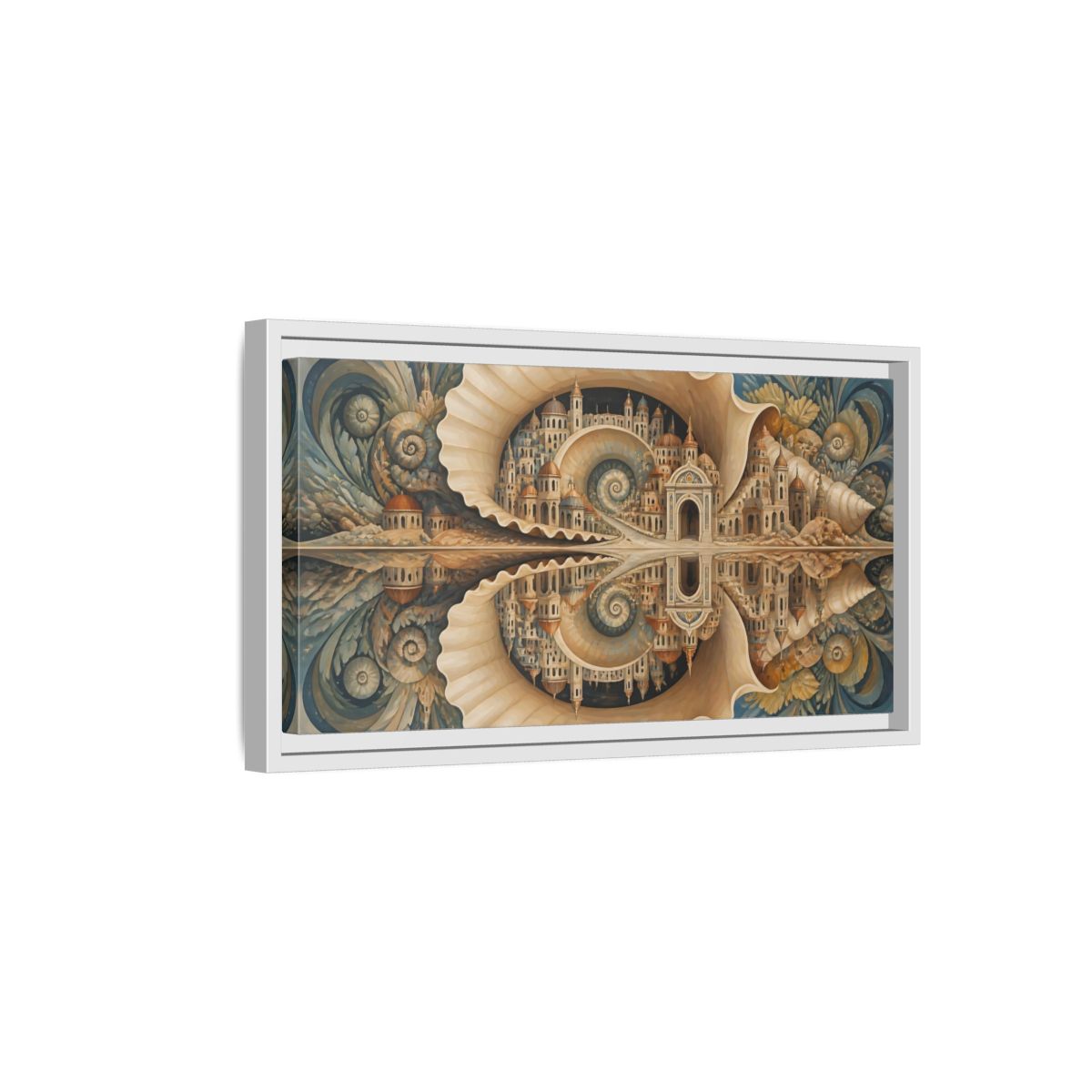 Side Mockup 6. Spiral Seashell City shown as framed canvas print