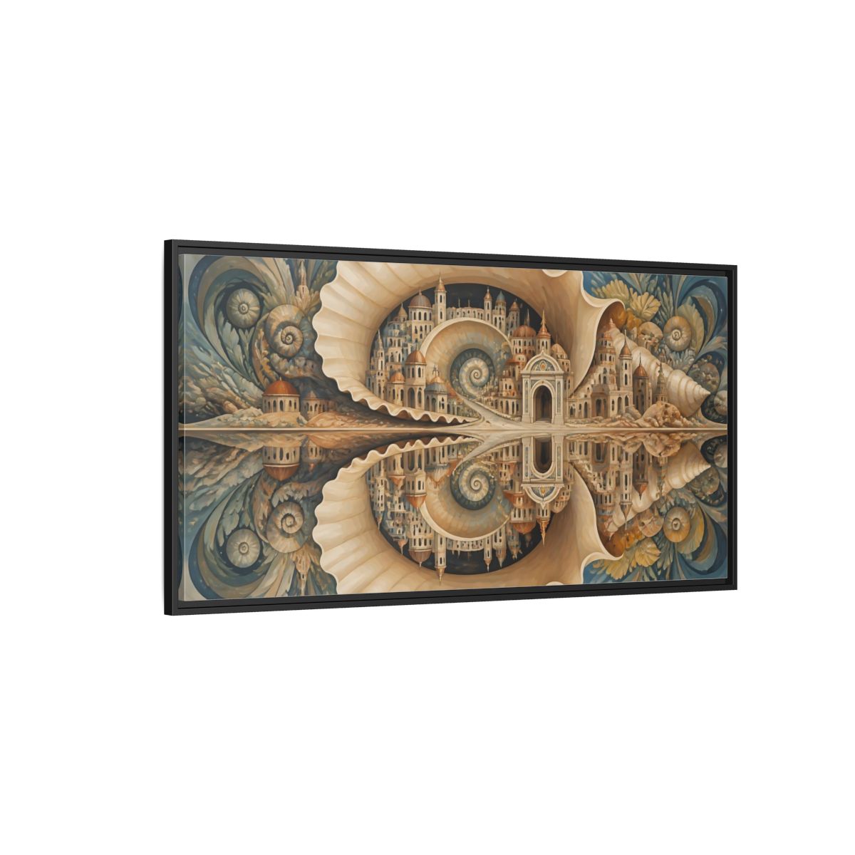 Side Mockup 5. Spiral Seashell City shown as framed canvas print