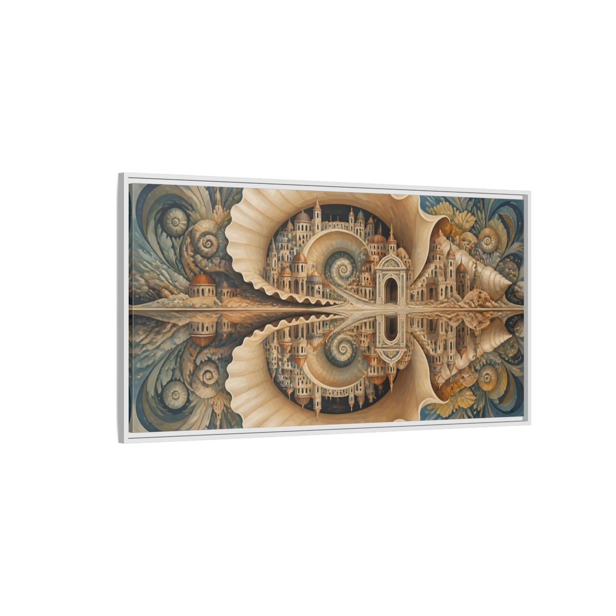Side Mockup 3. Spiral Seashell City shown as framed canvas print