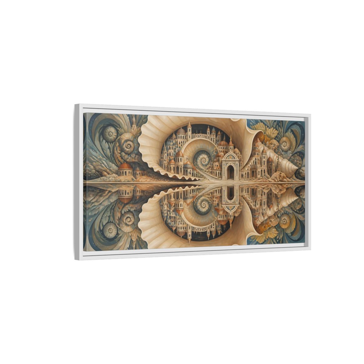 Side Mockup 1. Spiral Seashell City shown as framed canvas print