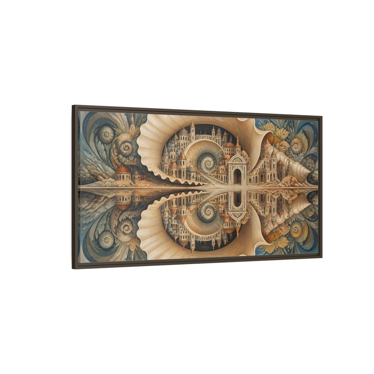 Side Mockup 4. Spiral Seashell City shown as framed canvas print