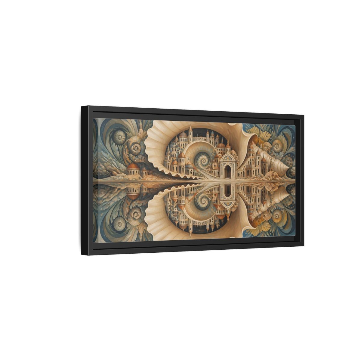 Side Mockup 8. Spiral Seashell City shown as framed canvas print
