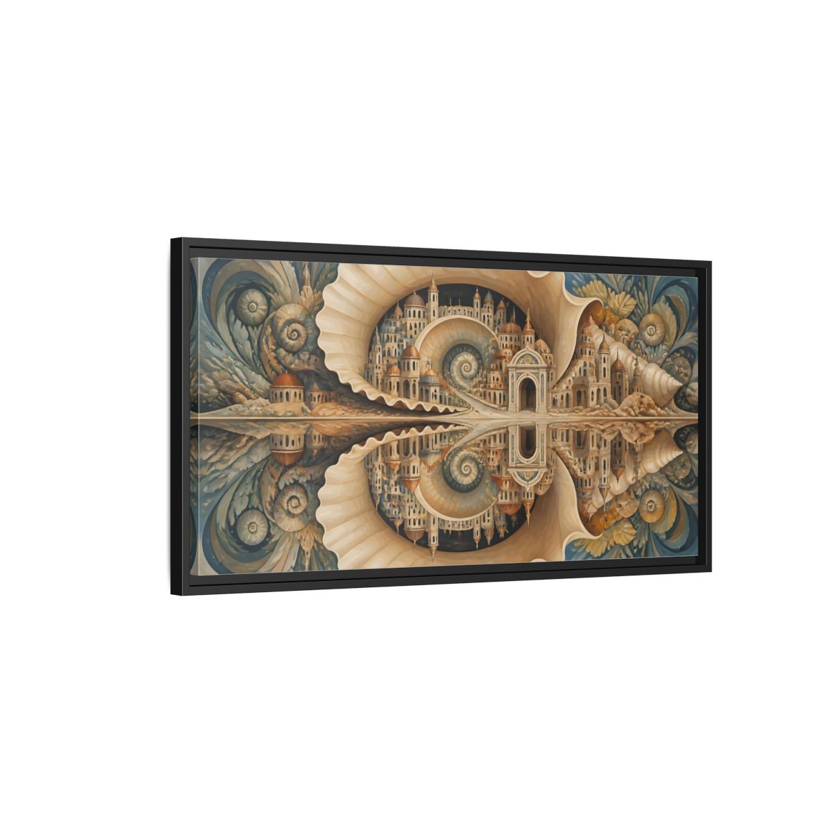 Side Mockup 2. Spiral Seashell City shown as framed canvas print