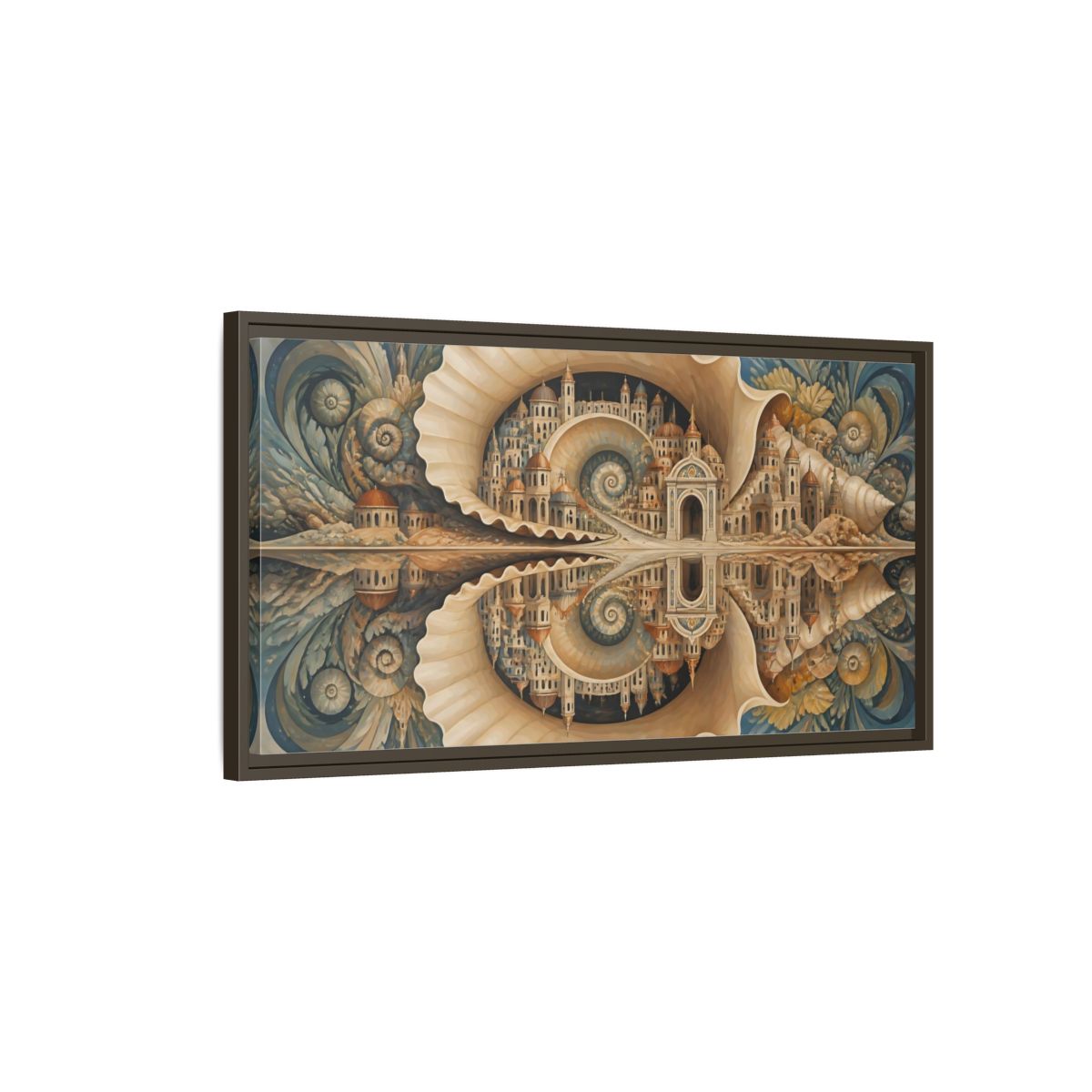 Main Mockup. Spiral Seashell City shown as framed canvas print