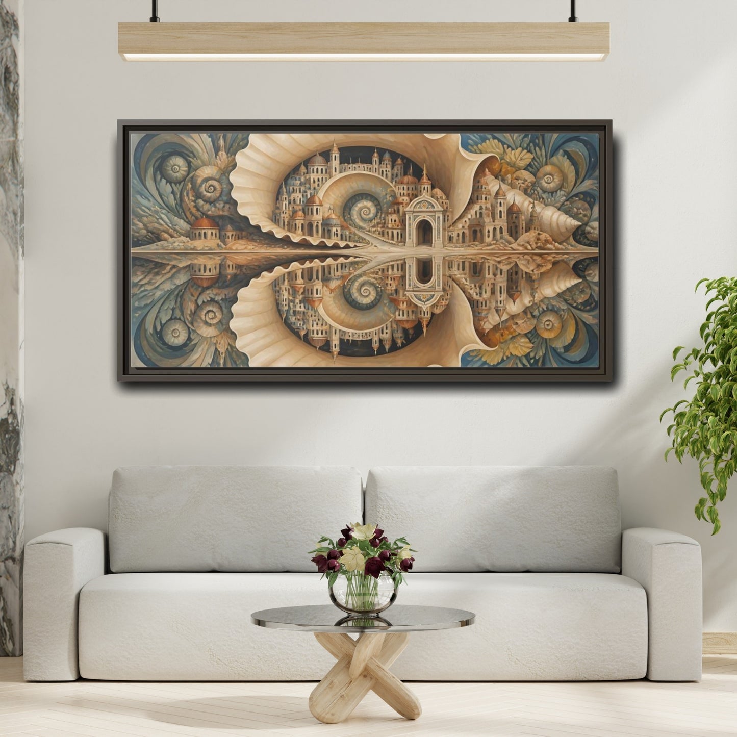 Mockup 2. Spiral Seashell City shown as framed canvas print