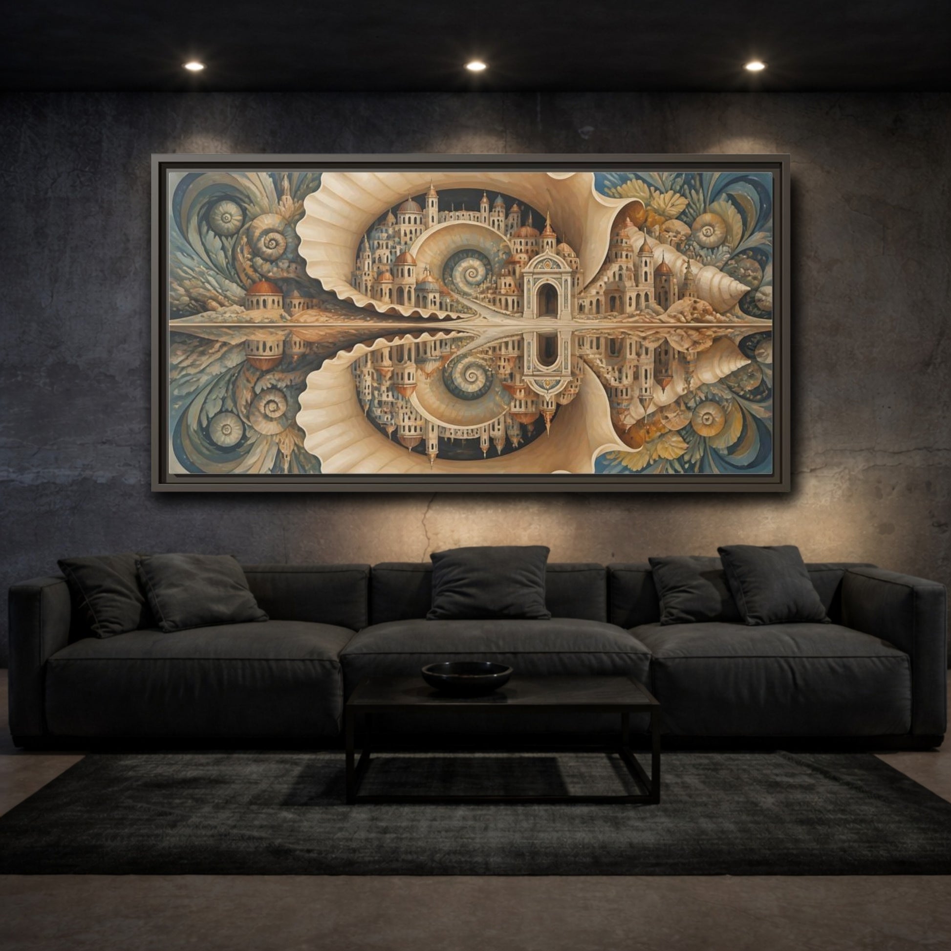 Mockup 3. Spiral Seashell City shown as framed canvas print