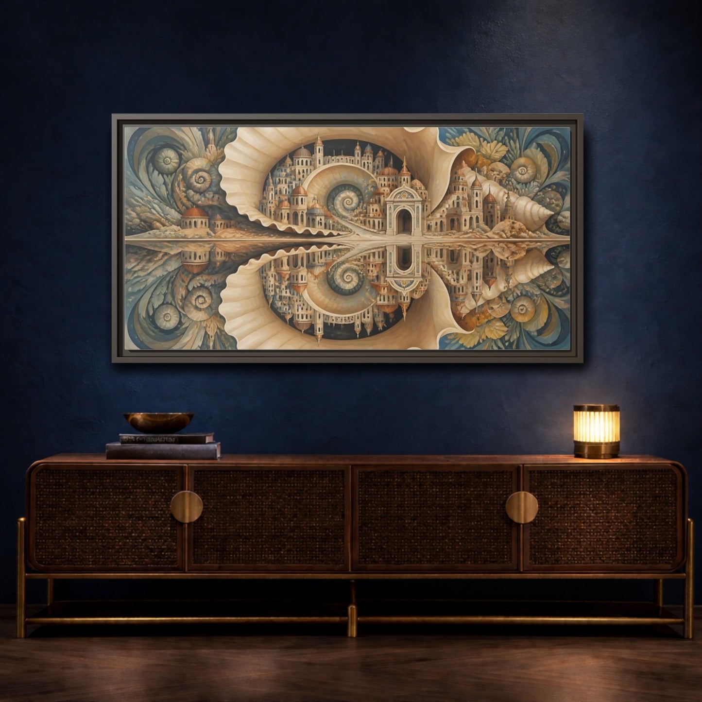 Mockup 4. Spiral Seashell City shown as framed canvas print