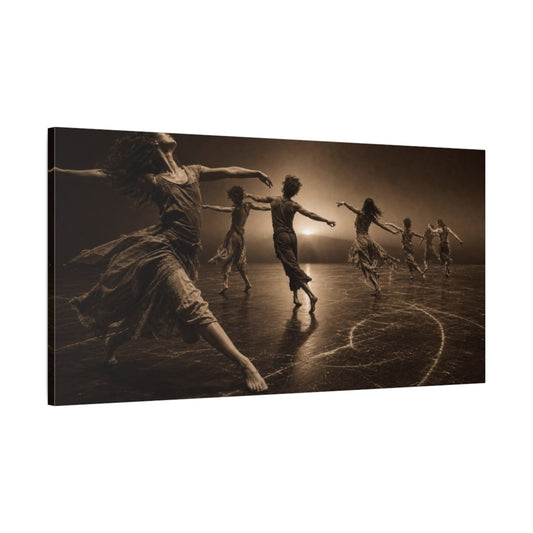 Main Mockup. Spiraling Sepia Dancers shown as canvas print
