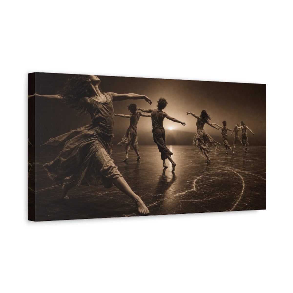 Side Mockup 3. Spiraling Sepia Dancers shown as canvas print