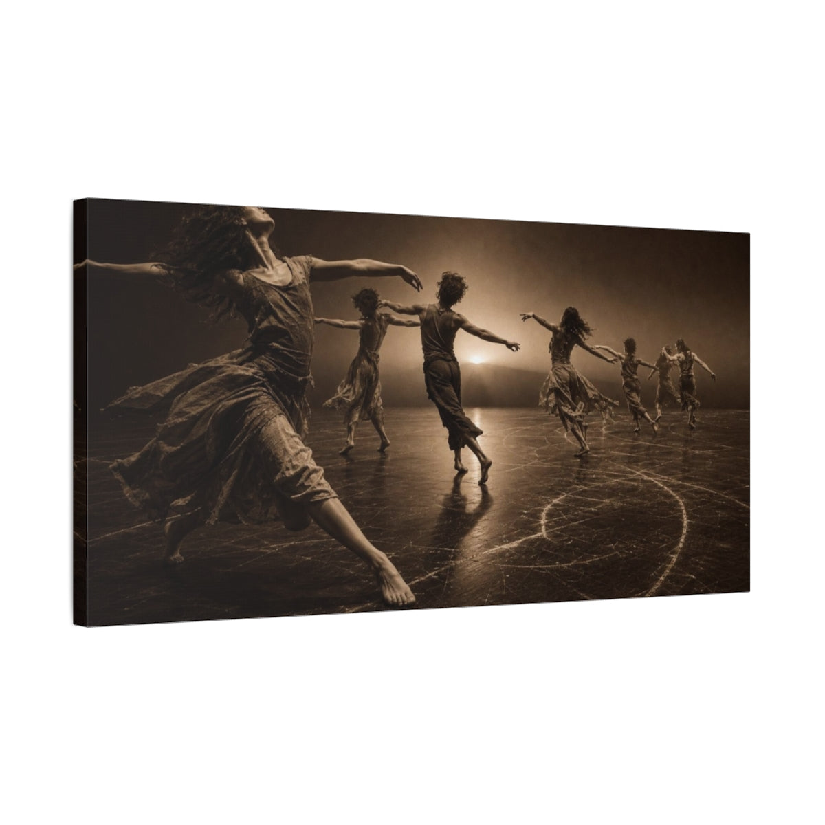 Side Mockup 1. Spiraling Sepia Dancers shown as canvas print