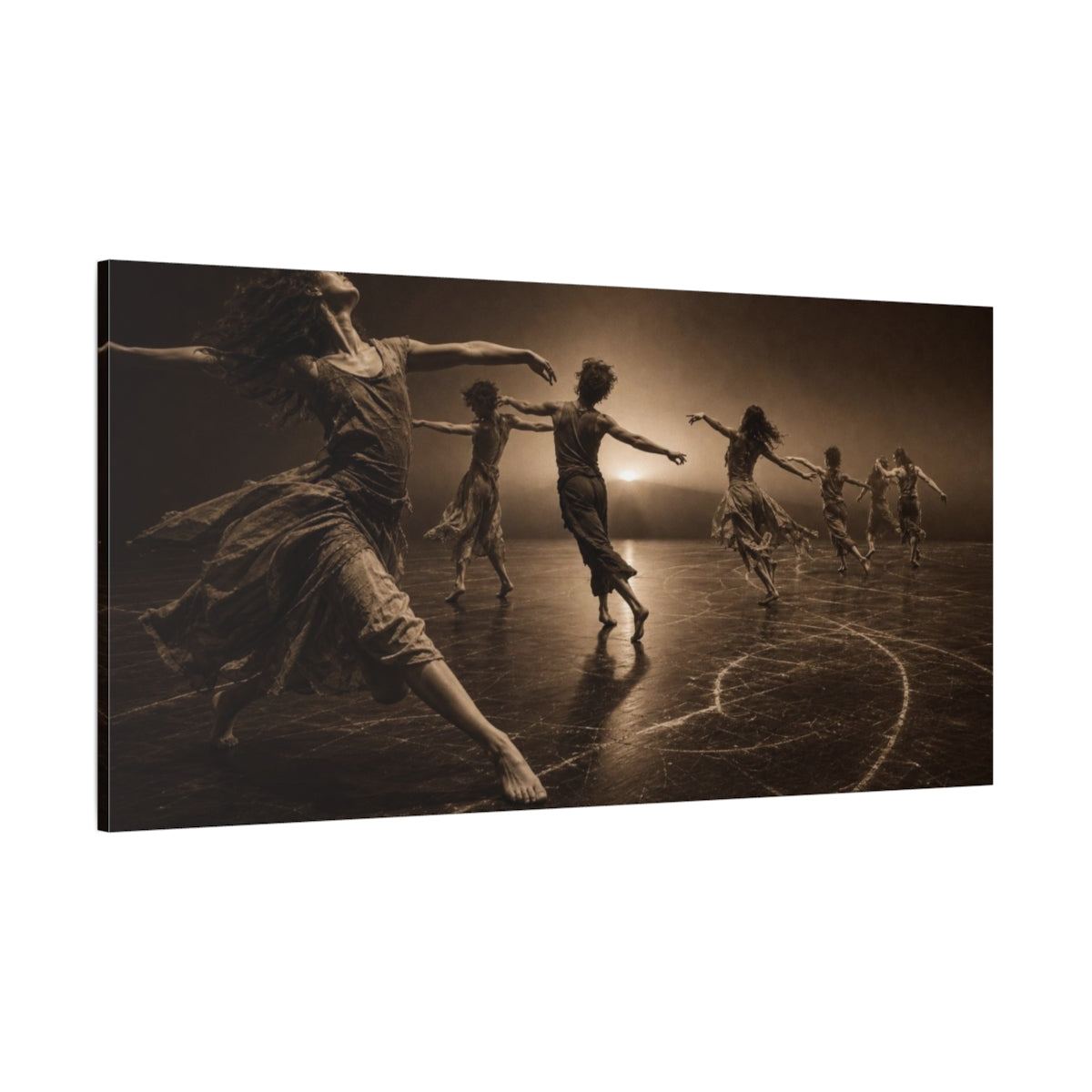 Side Mockup 2. Spiraling Sepia Dancers shown as canvas print