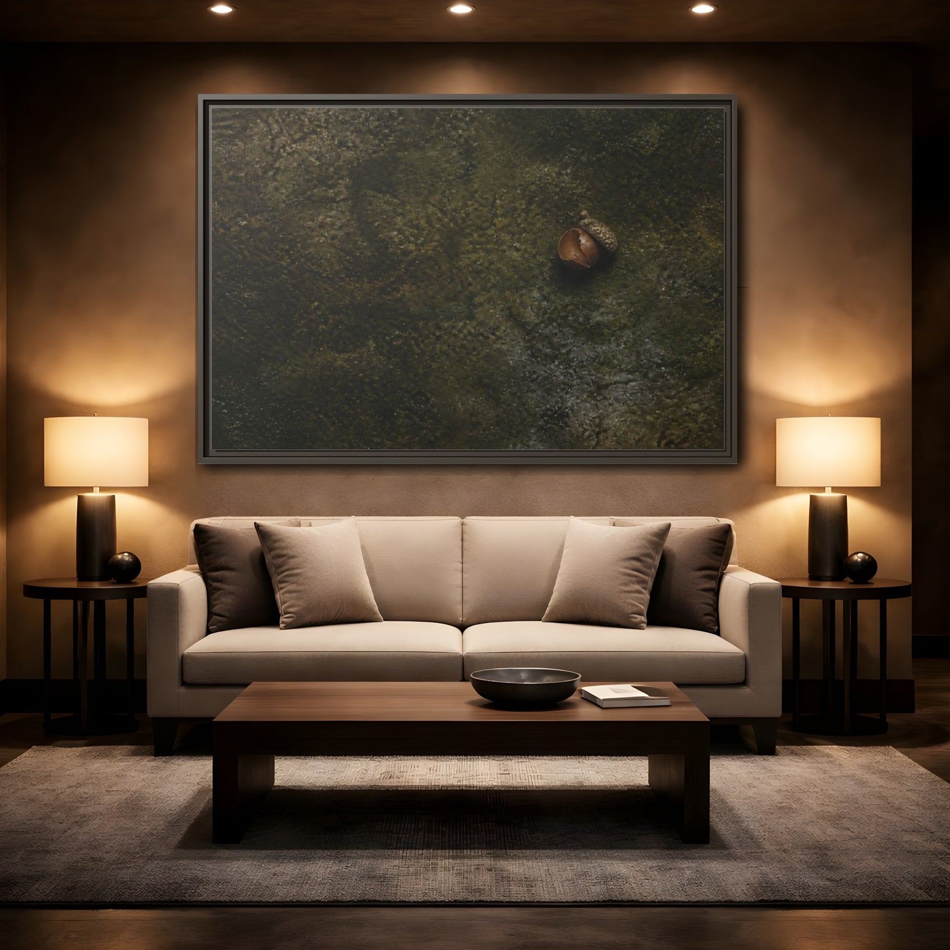 Mockup 2. Split Acorn On Moss shown as framed canvas print