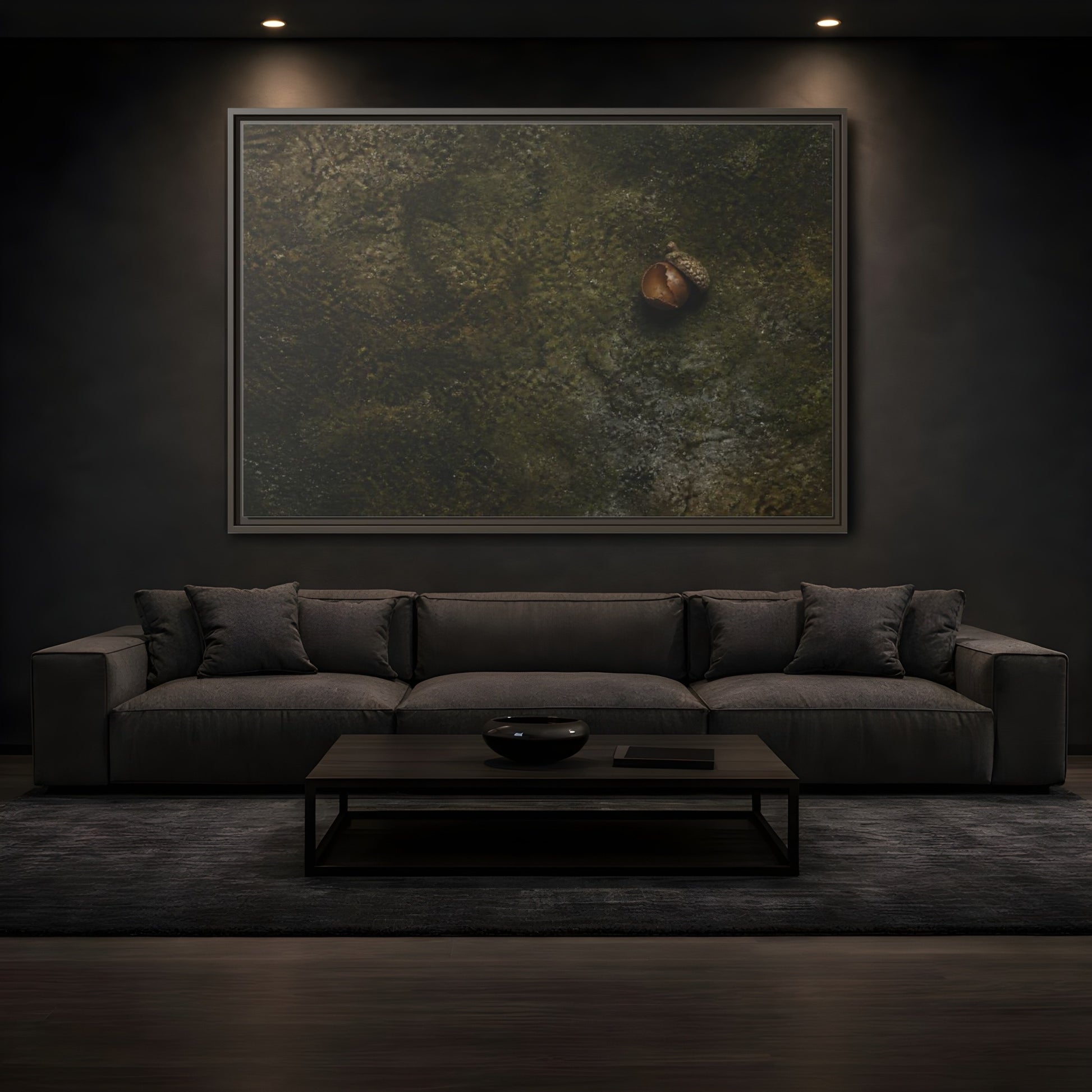 Mockup 3. Split Acorn On Moss shown as framed canvas print