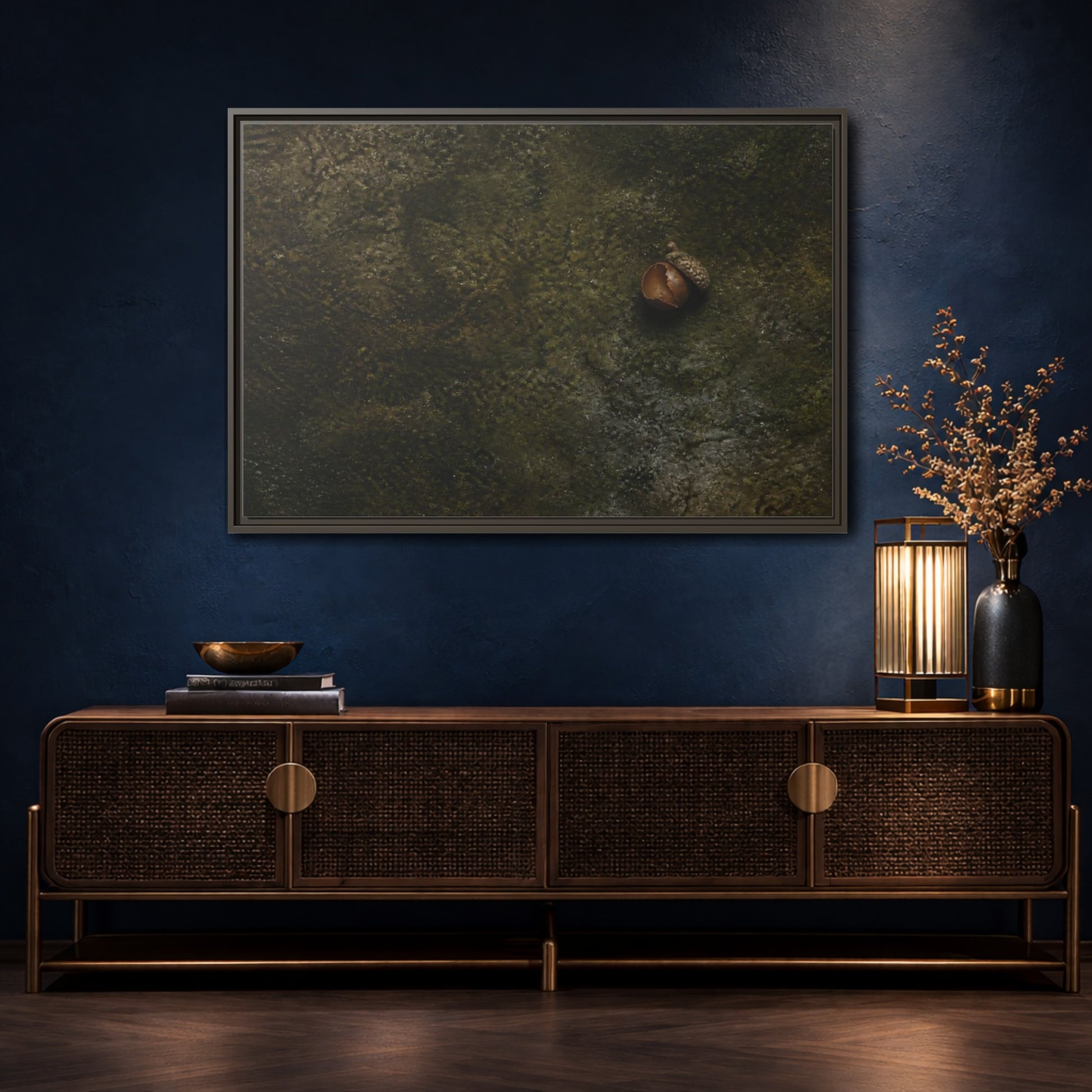Mockup 4. Split Acorn On Moss shown as framed canvas print