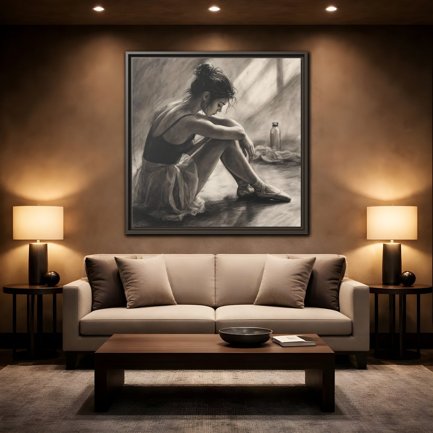 Mockup 2. Sports Ballerina Charcoal Ballerina shown as framed canvas print